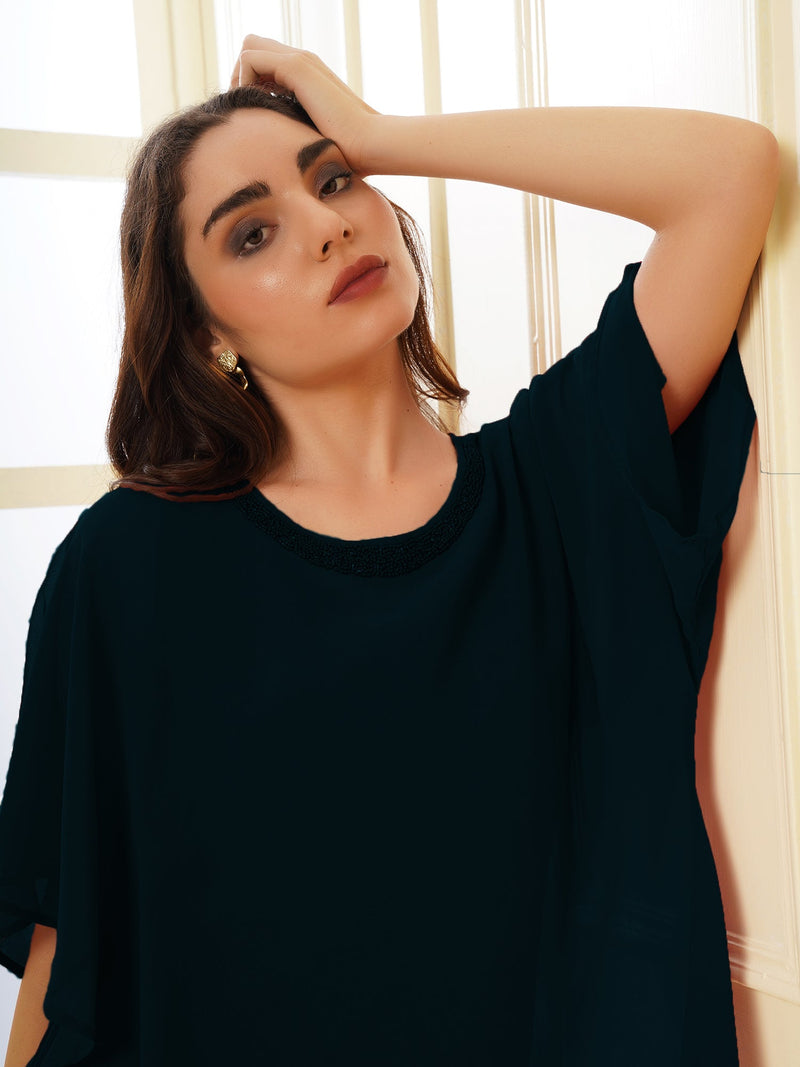 Attic Curves Popover Teal Dress with Neck Embellishment