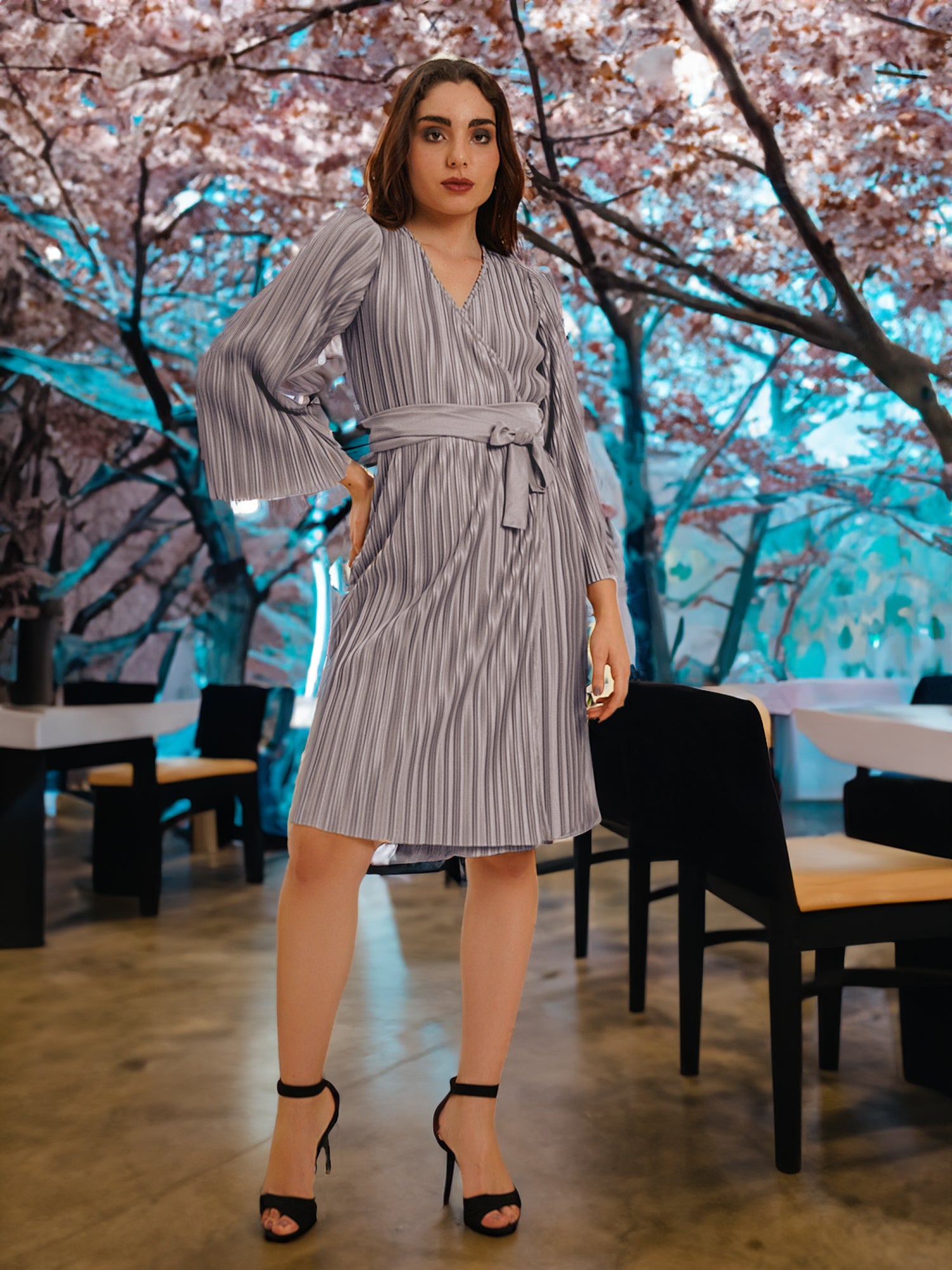Pleated Grey Wrap Knit Dress