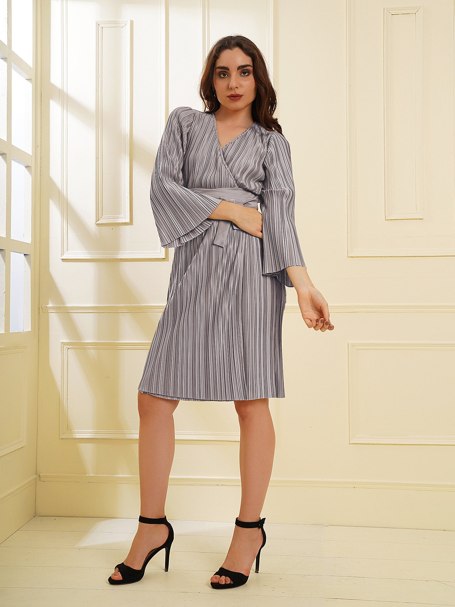 Pleated Grey Wrap Knit Dress