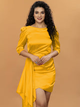 Attic Curves Summer Drapped Wrap-Effect Mustard Satin Mini dress