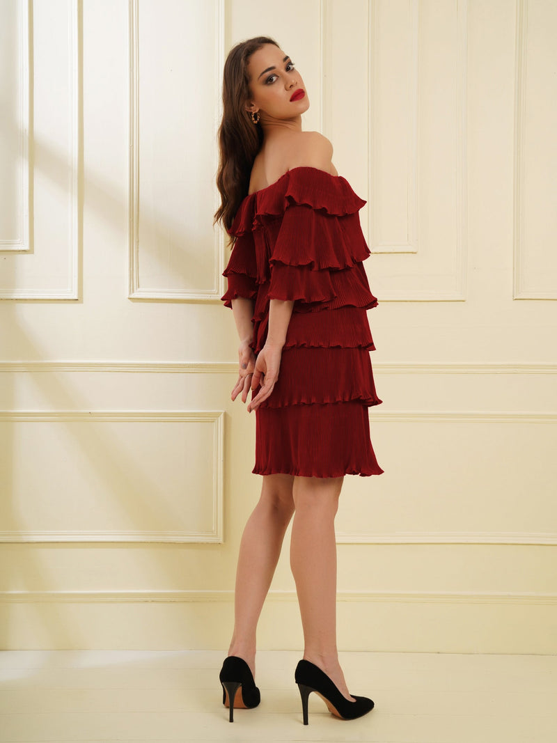 Attic Curves Multi Tier Imaginative Maroon Pleat Dress