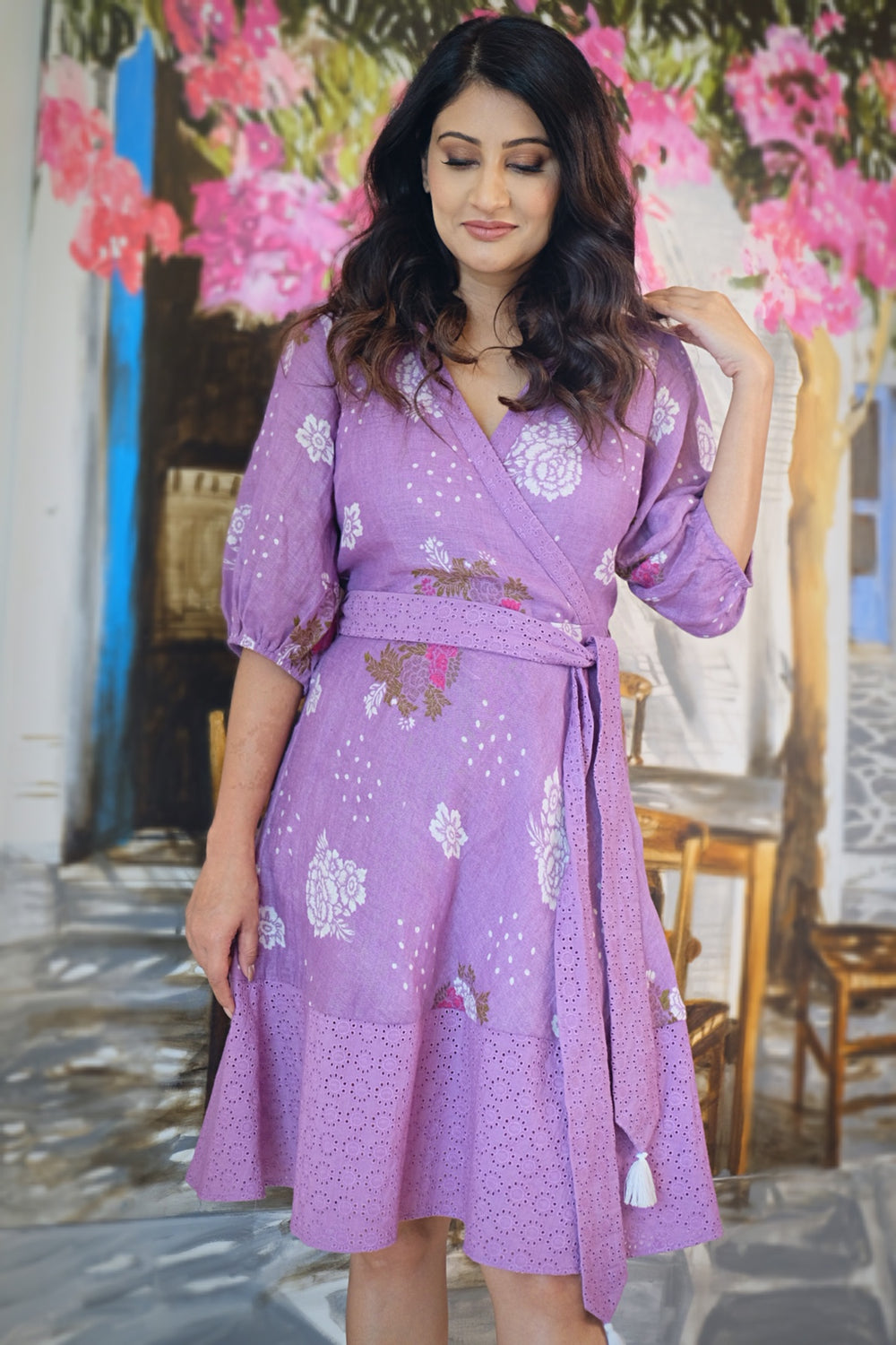 19532 Lavender Draped Wrap Skirt Satin Dress