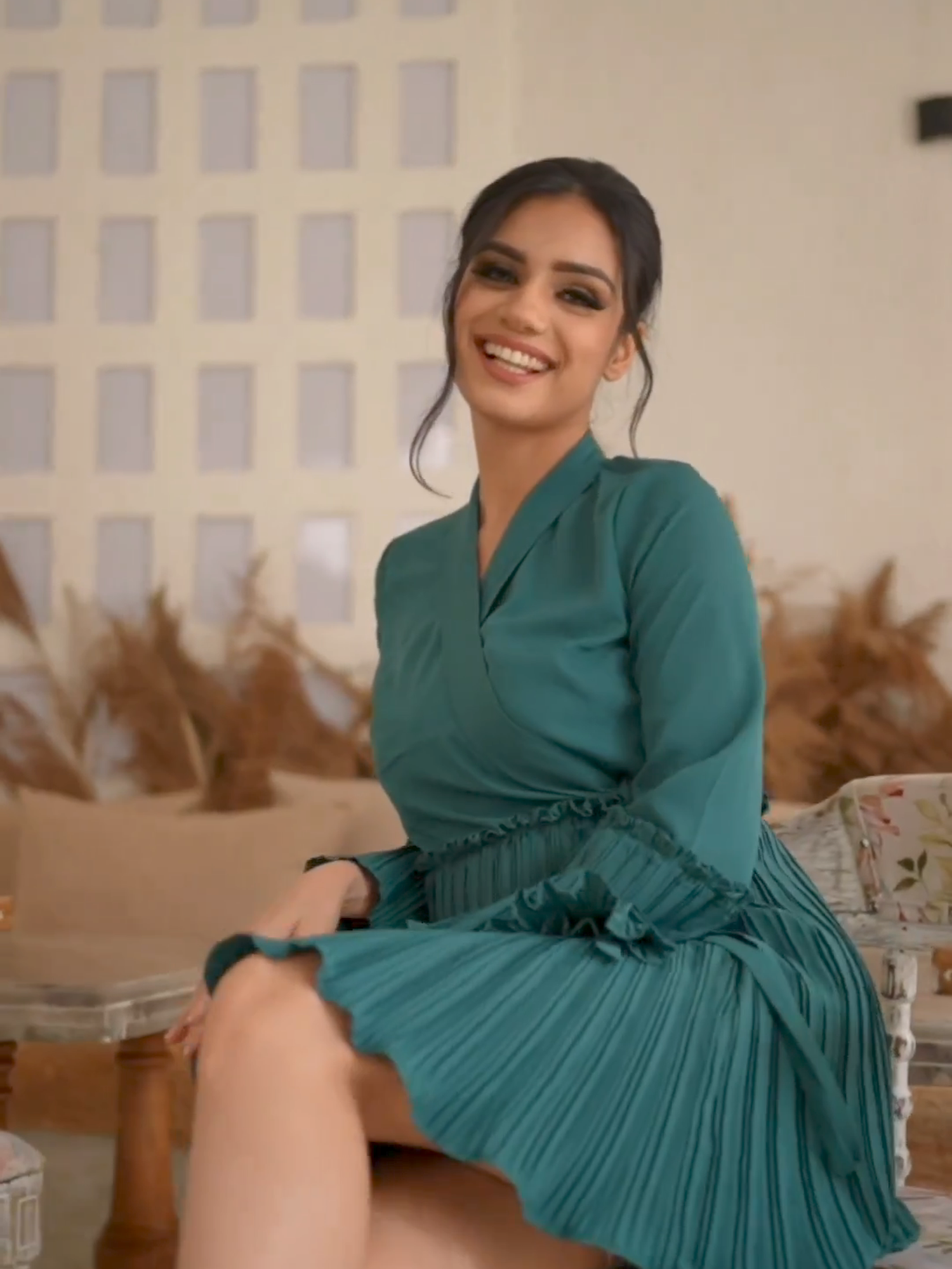 Pleated Wrap Teal Dress