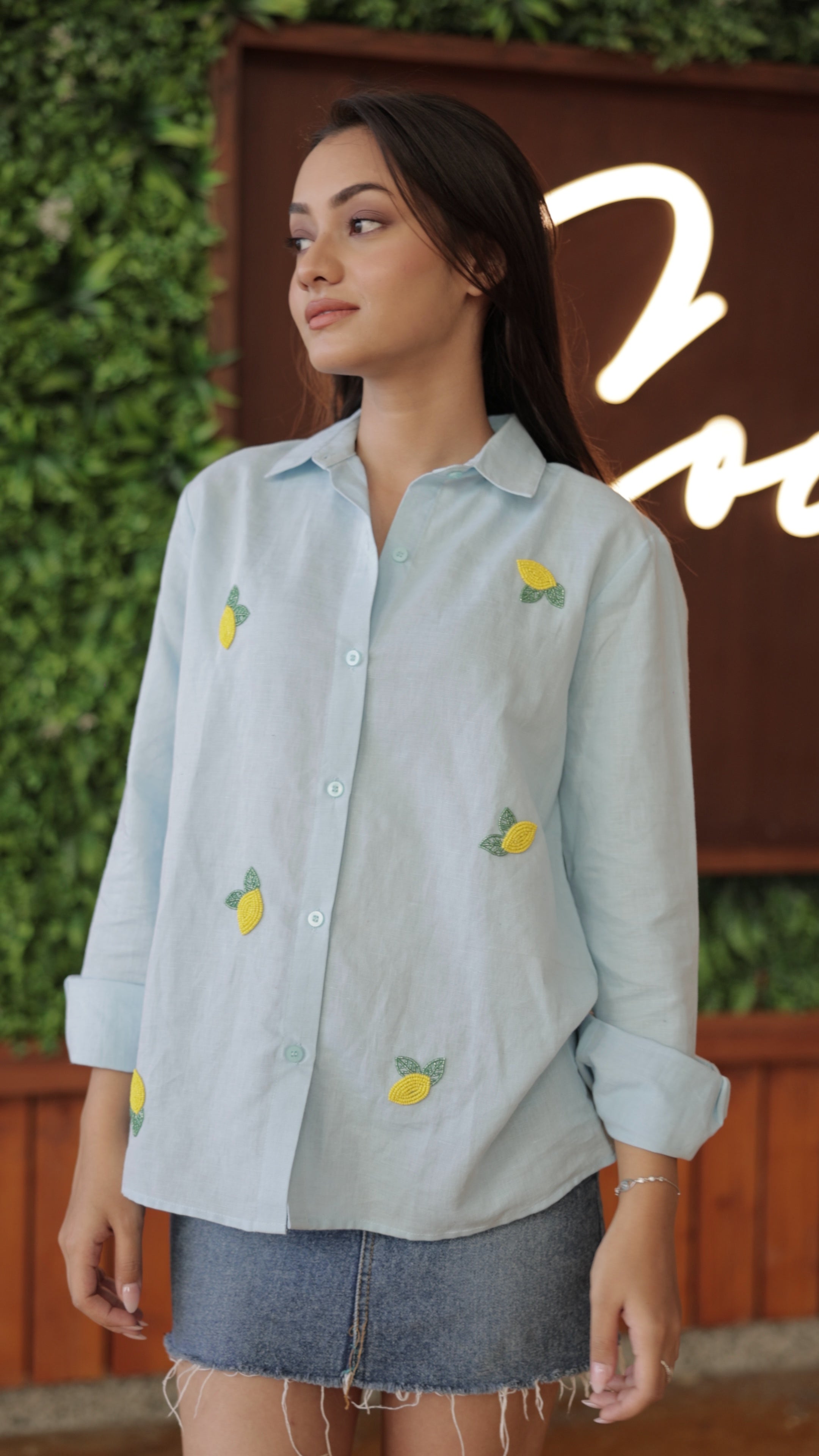 Linen Embroidery Blue Shirt
