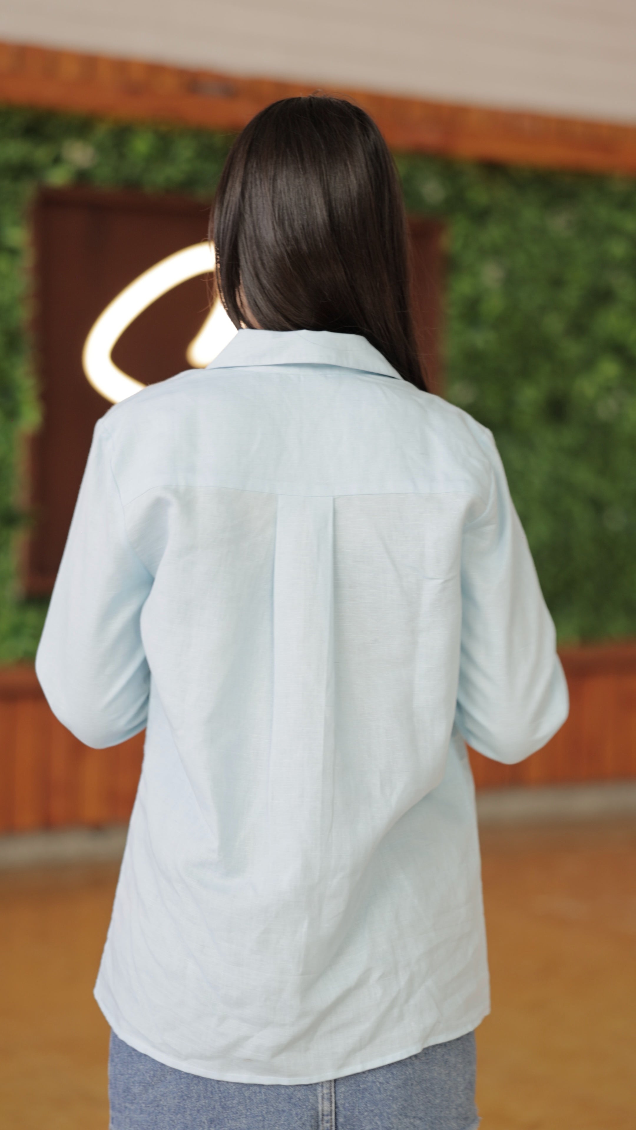 Linen Embroidery Blue Shirt