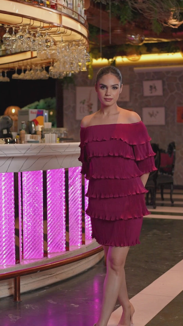 Multi Tier Imaginative Wine Pleat Dress