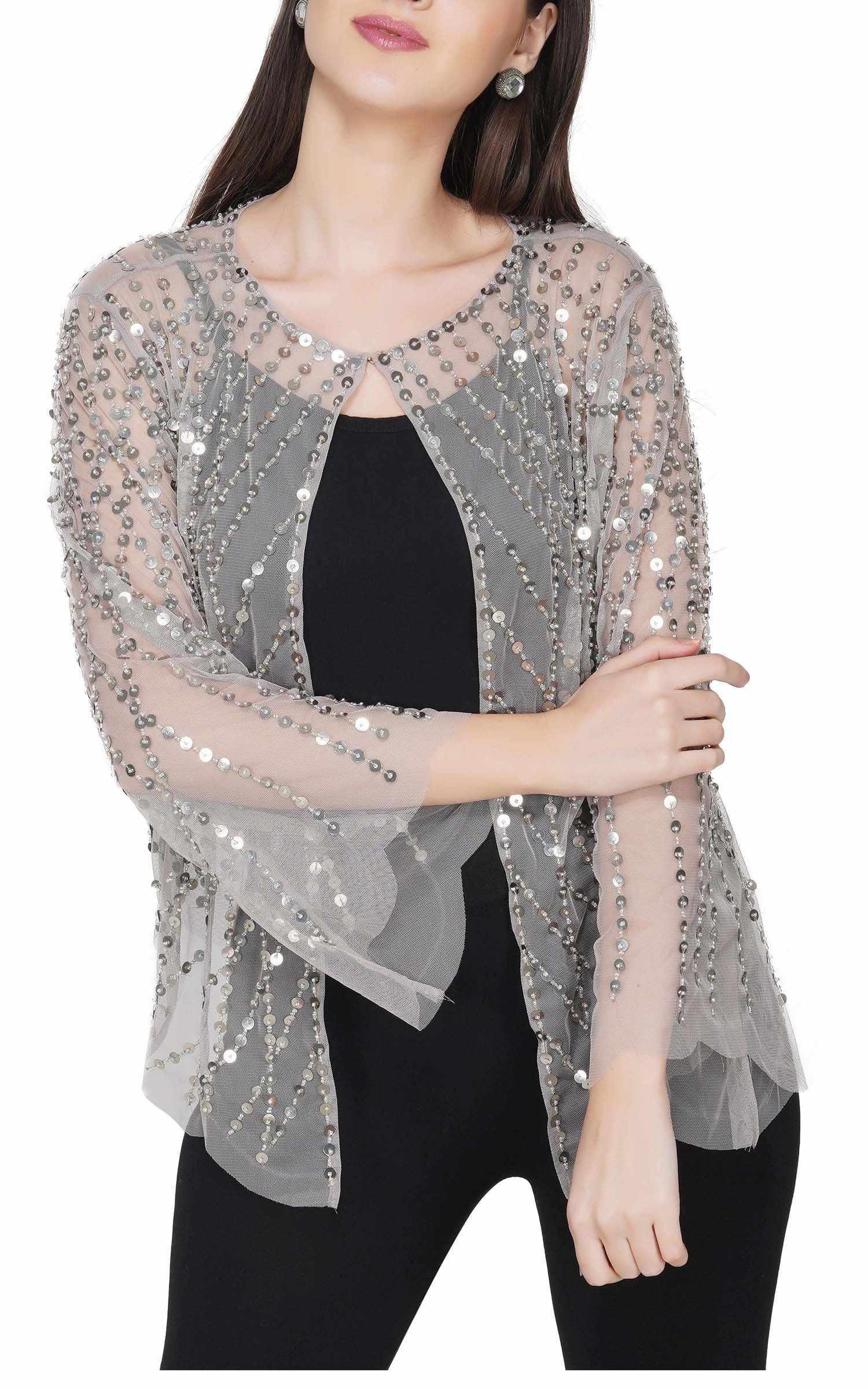 beige sequins embellished shrug jacket