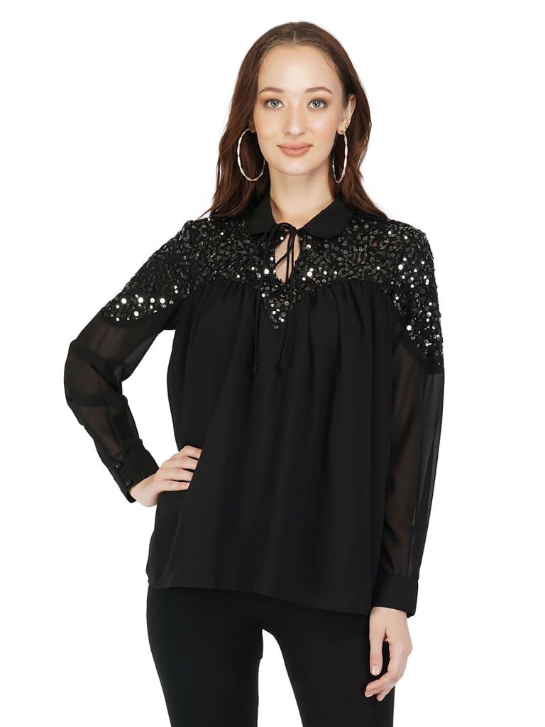 navy sequins yoke top