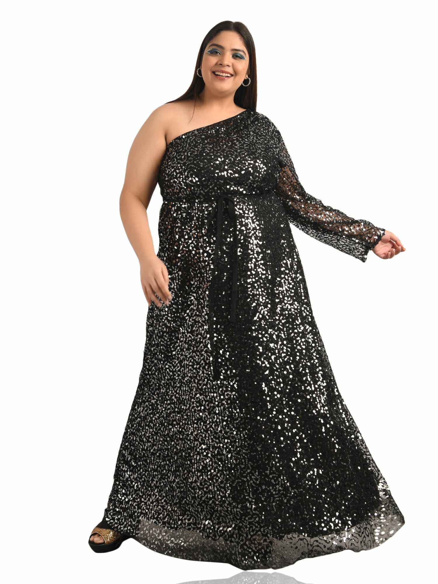 off shoulder black sequin gown  