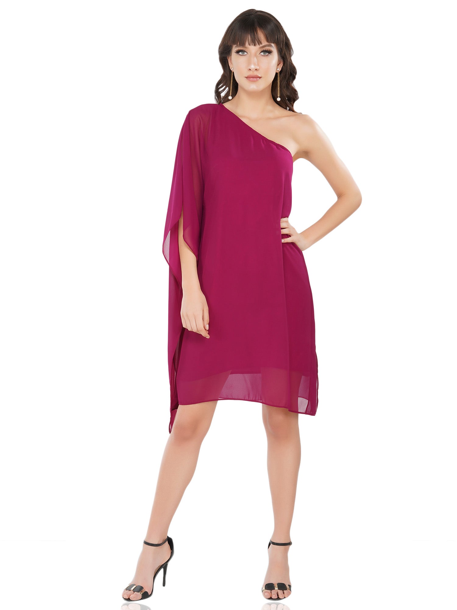 plum one shoulder draped dress