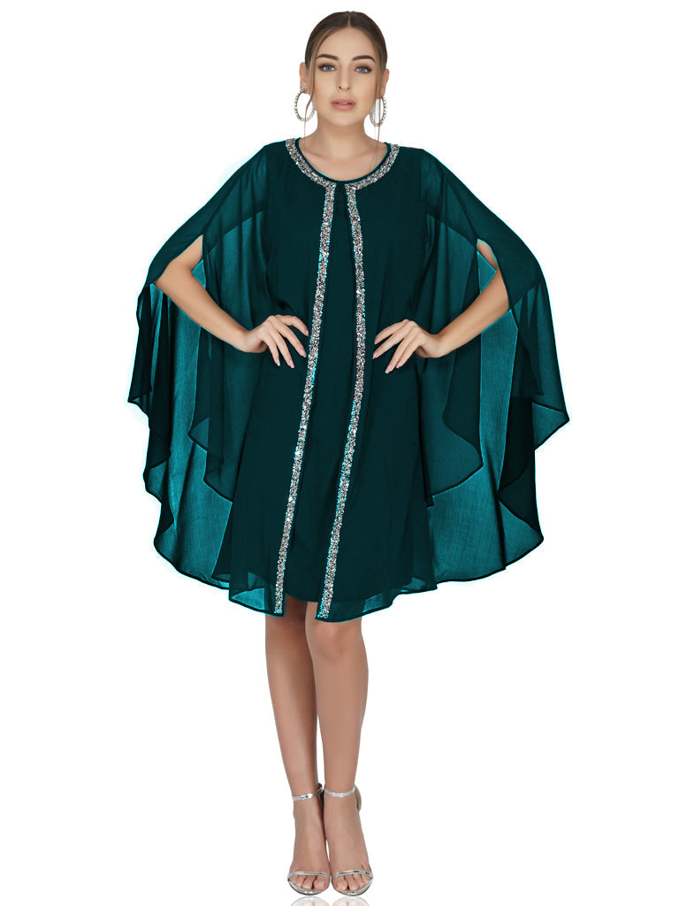 teal mantle style layered dress