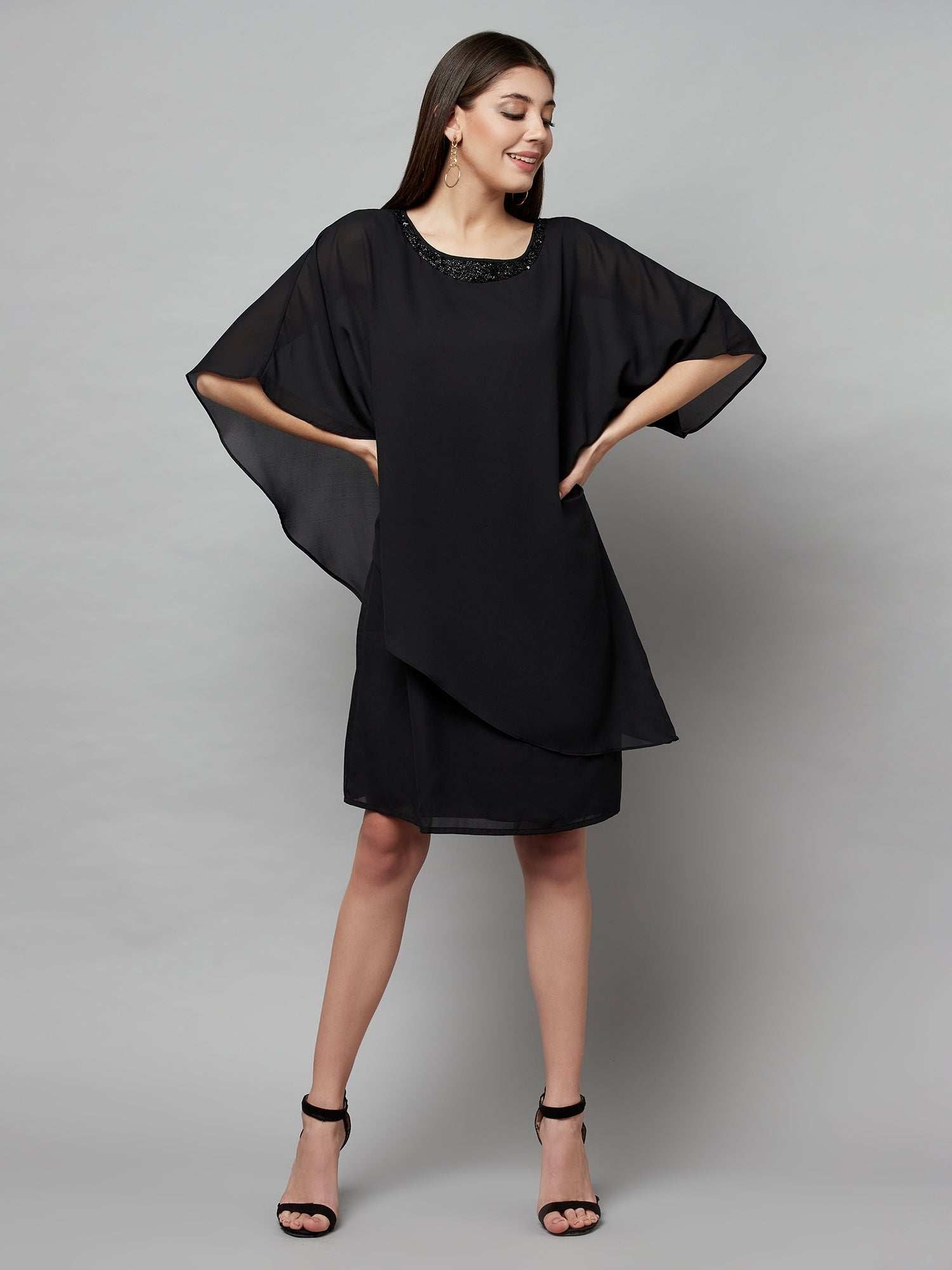 popover black dress with neck embellishment