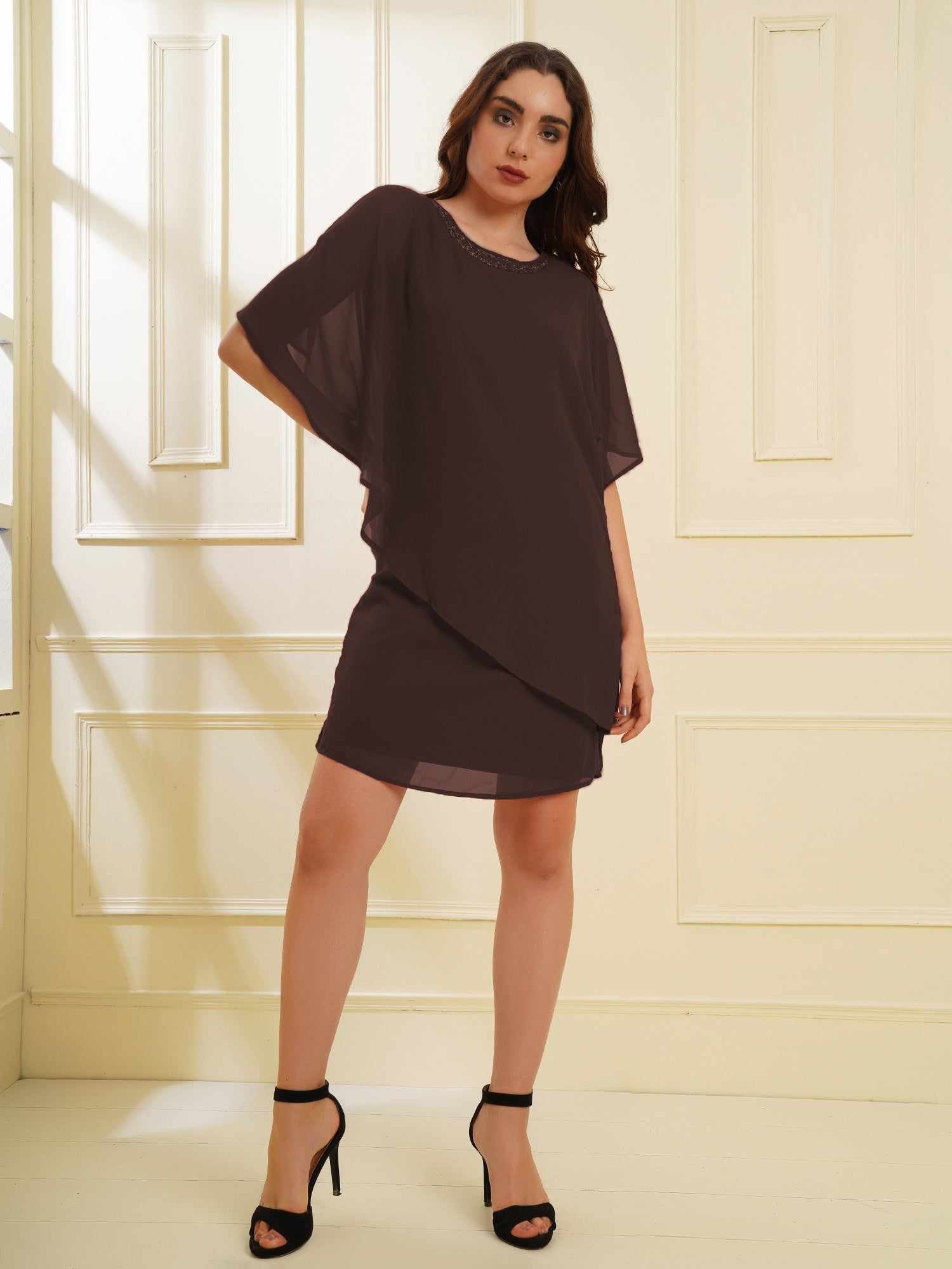 popover grey dress with neck embellishment
