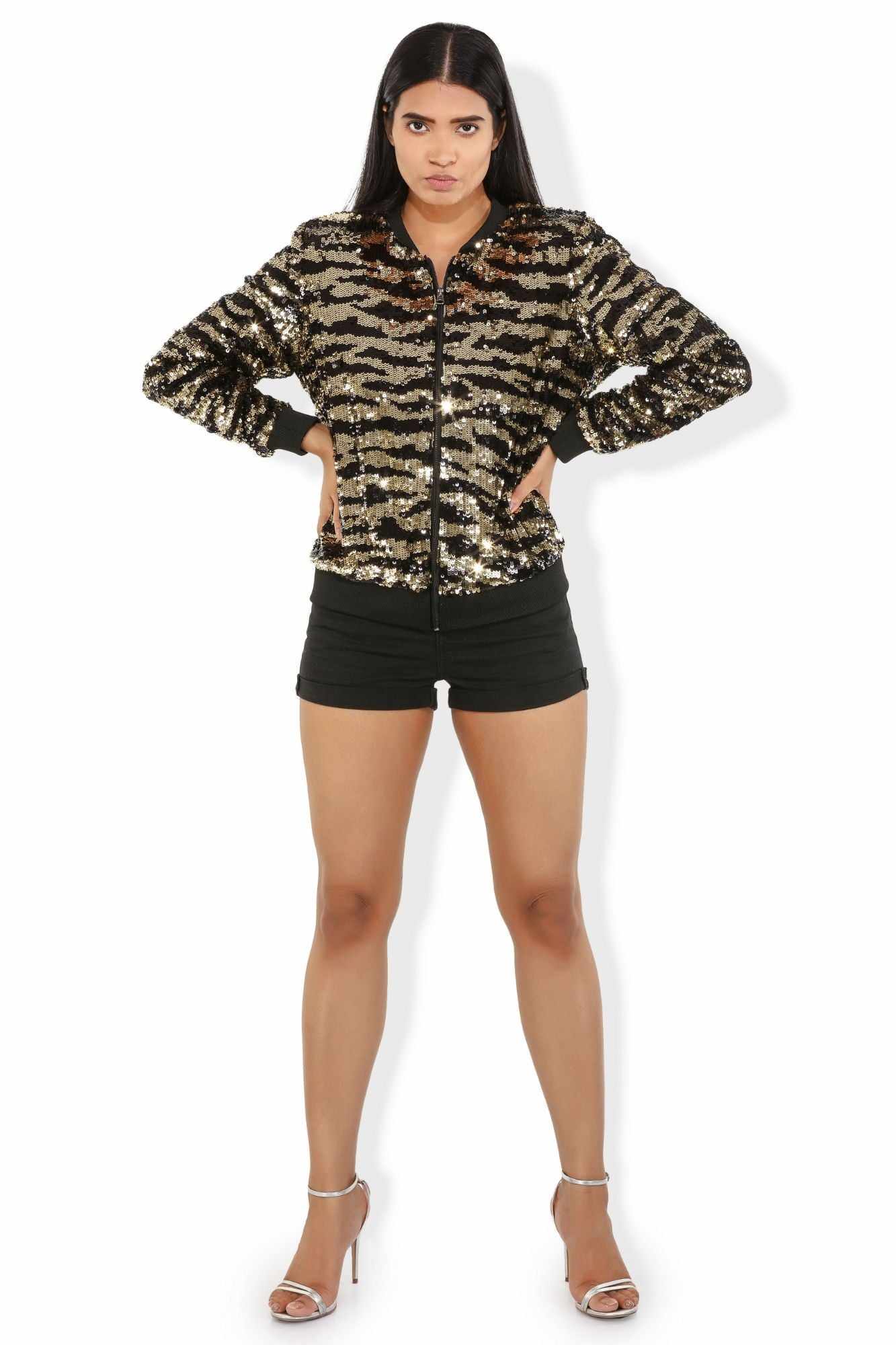 sequined tulle tiger print bomber jacket