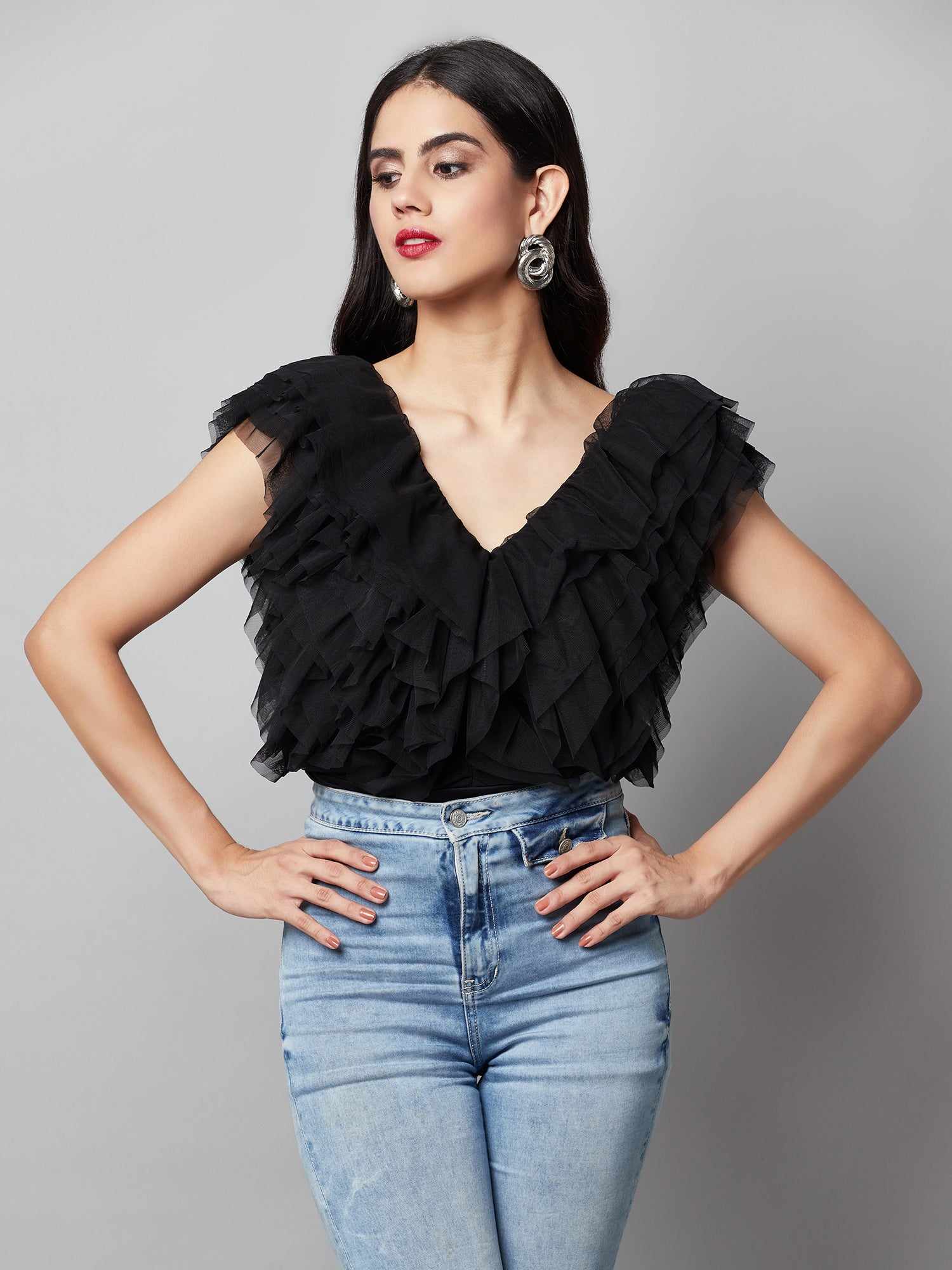 vacay multi layer black ruffle bodysuit