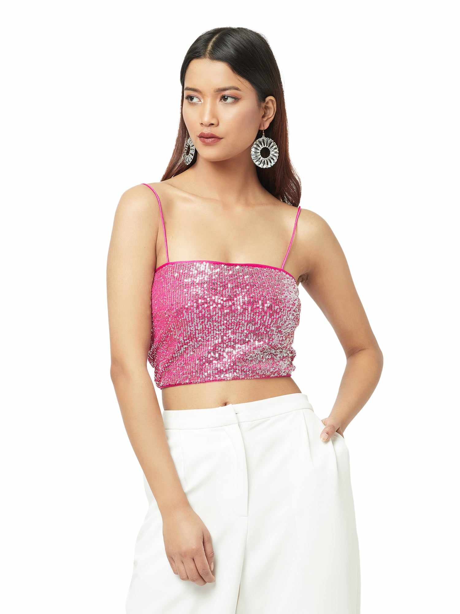 glistening pink strappy tank top