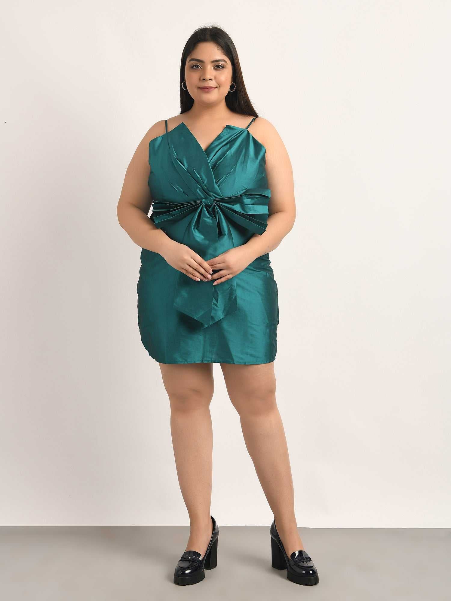 attic curves oversized knot teal dress