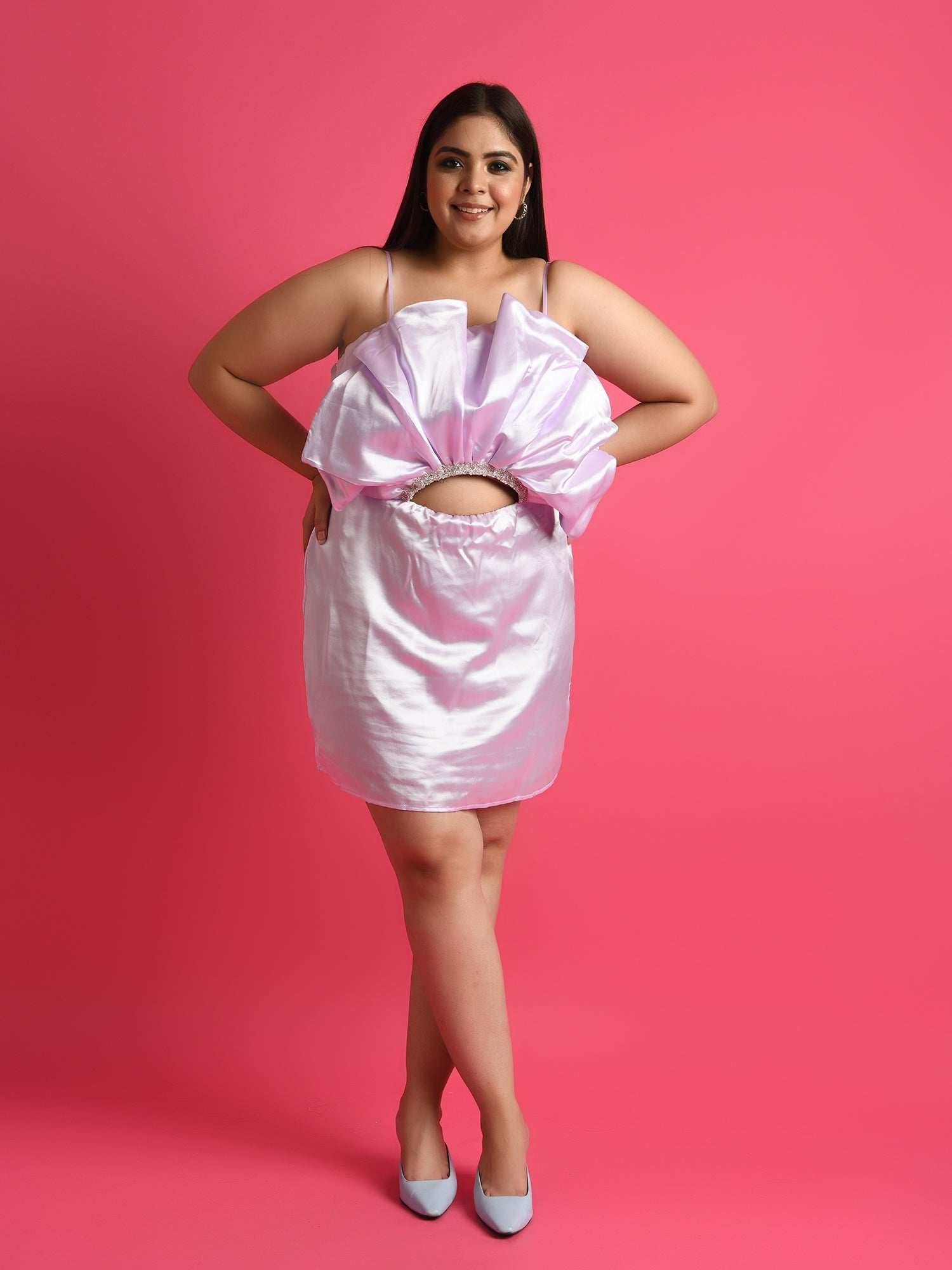 attic curve cut out embroidered lilac dress