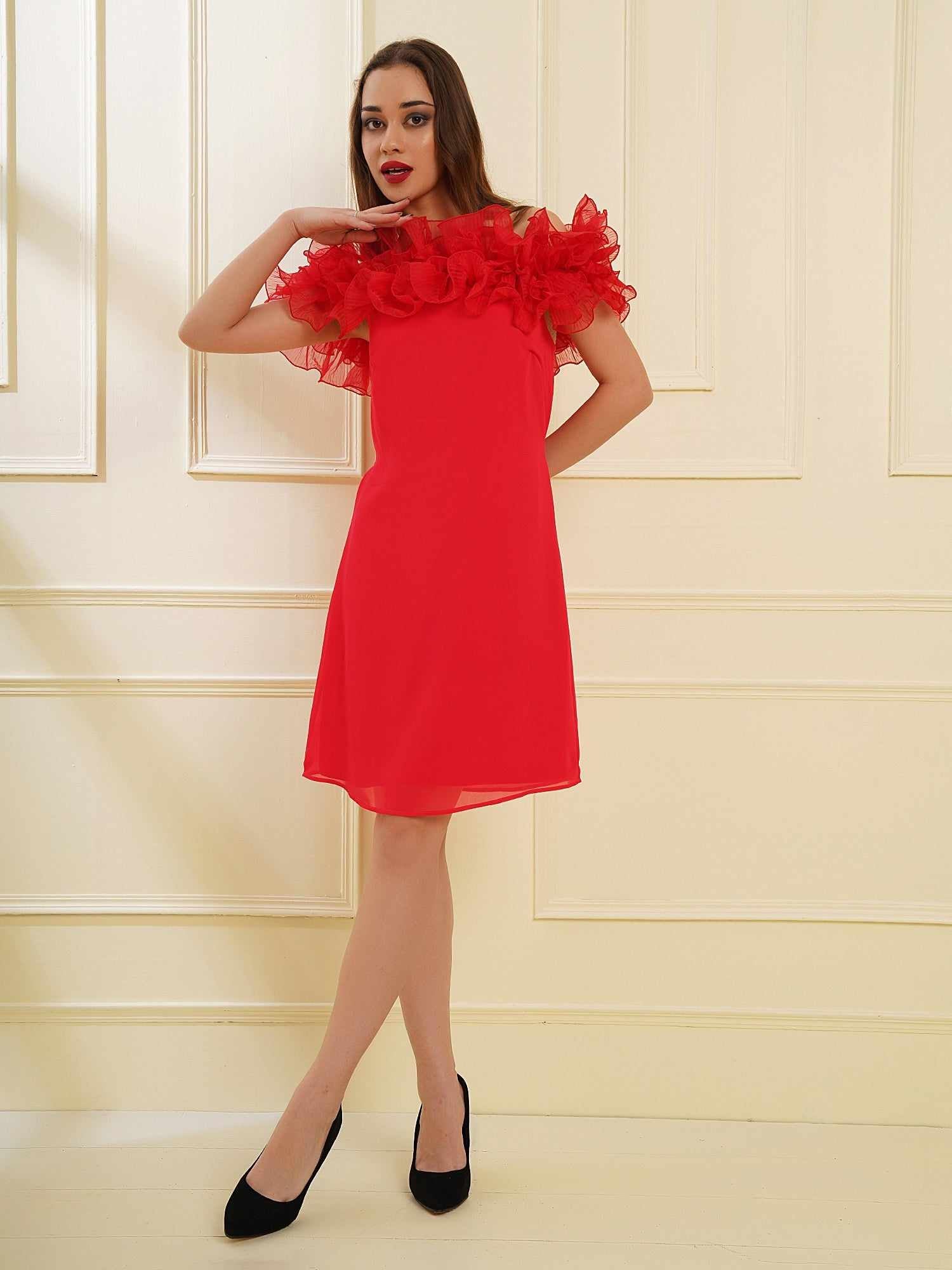 attic curves scarlet pleated ruffle dress