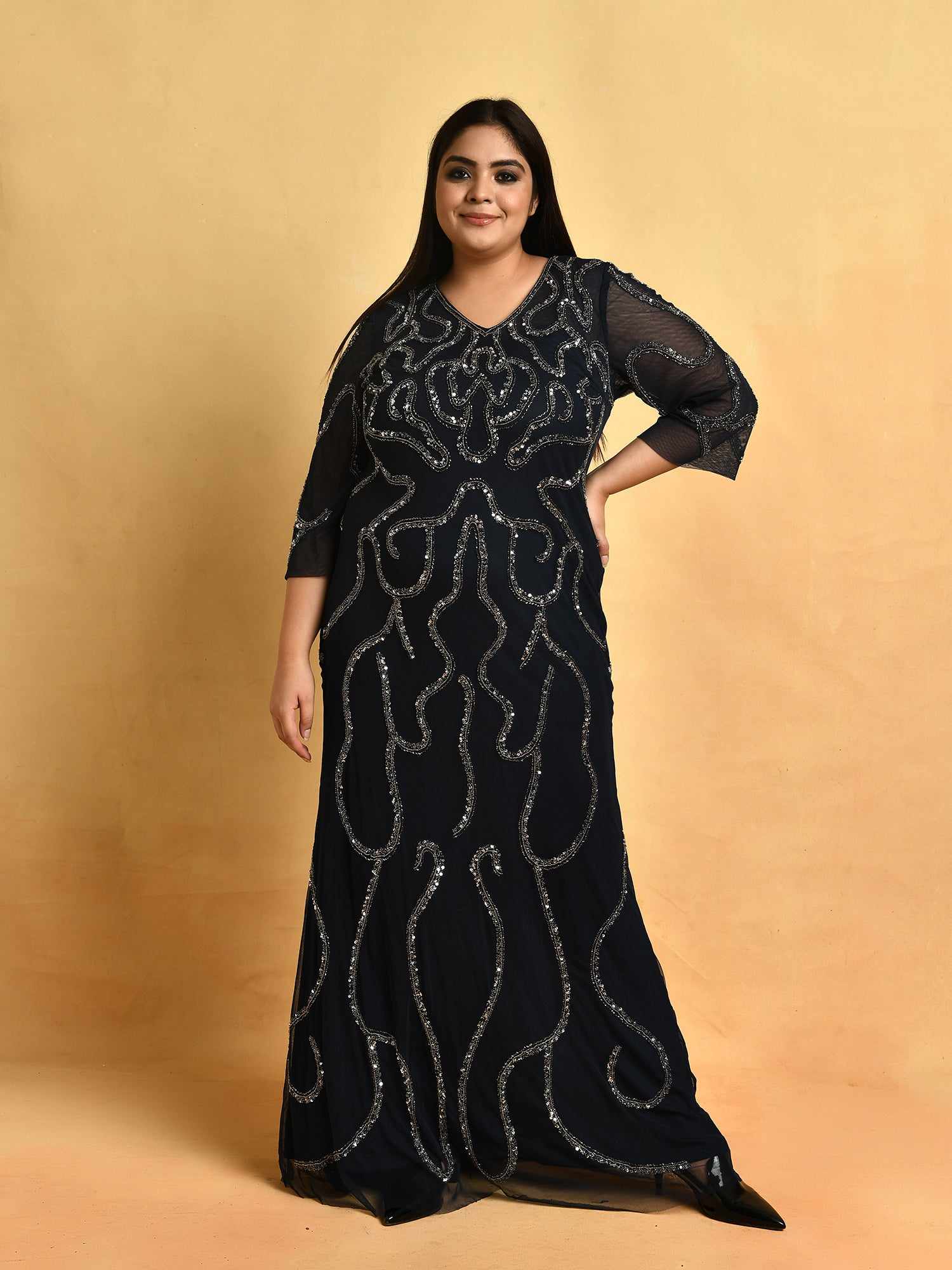 attic curves ever pretty embellished navy gown