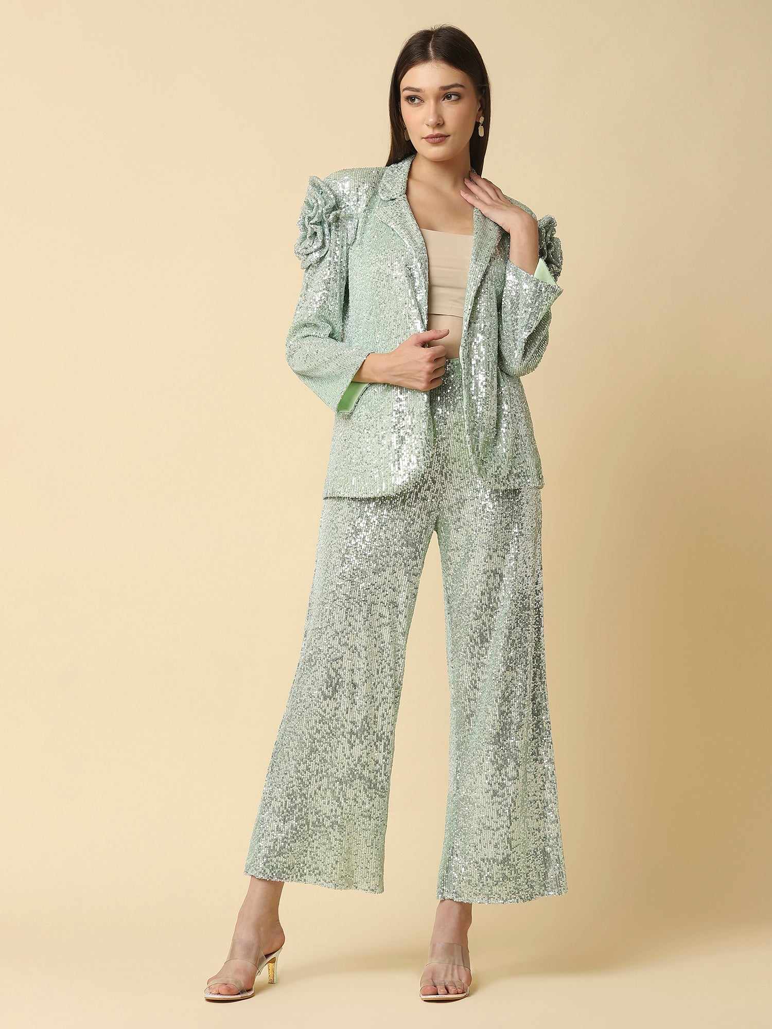 attic curves floral sequins green blazer