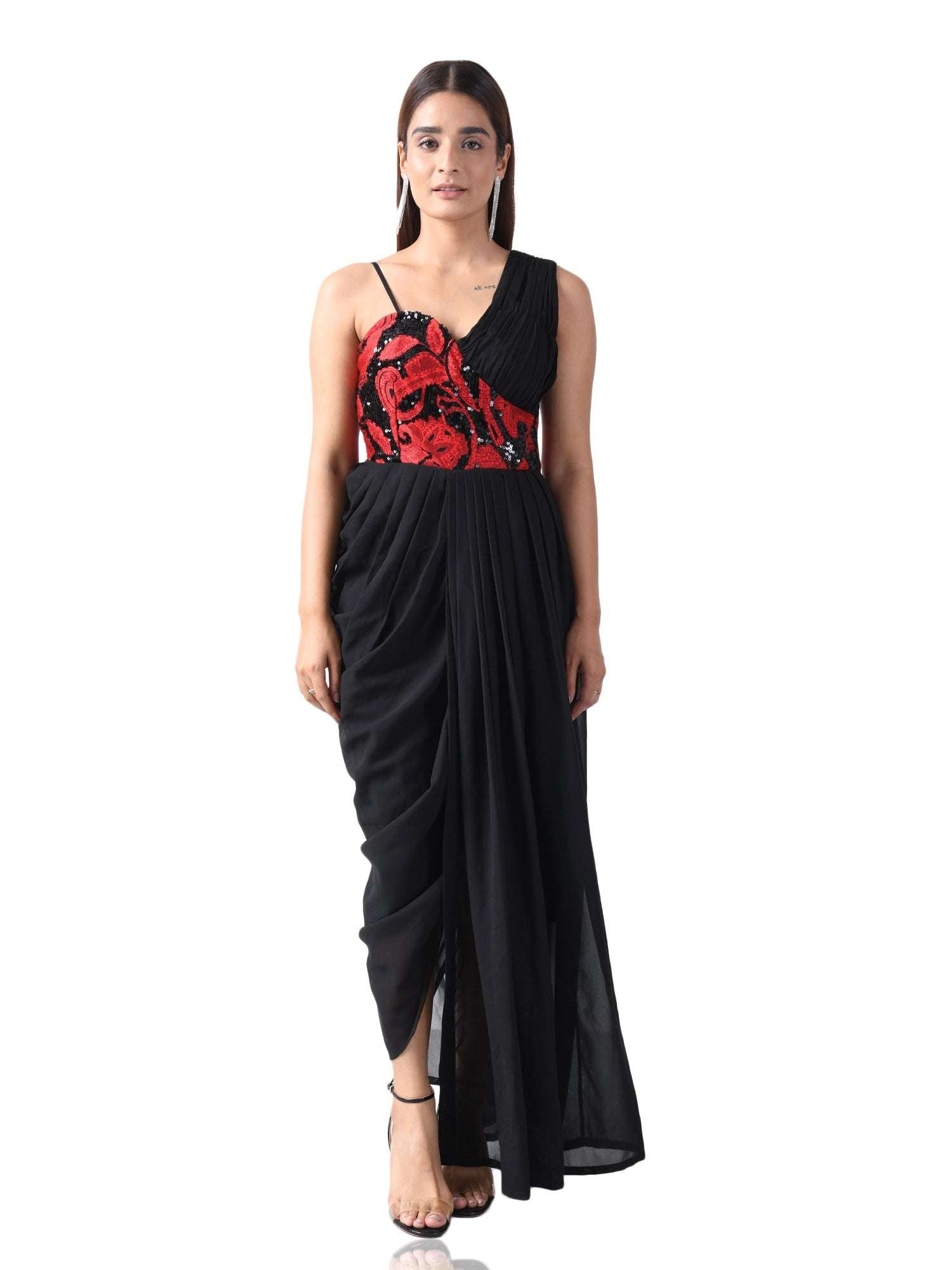 paola embroired corset black draped dress