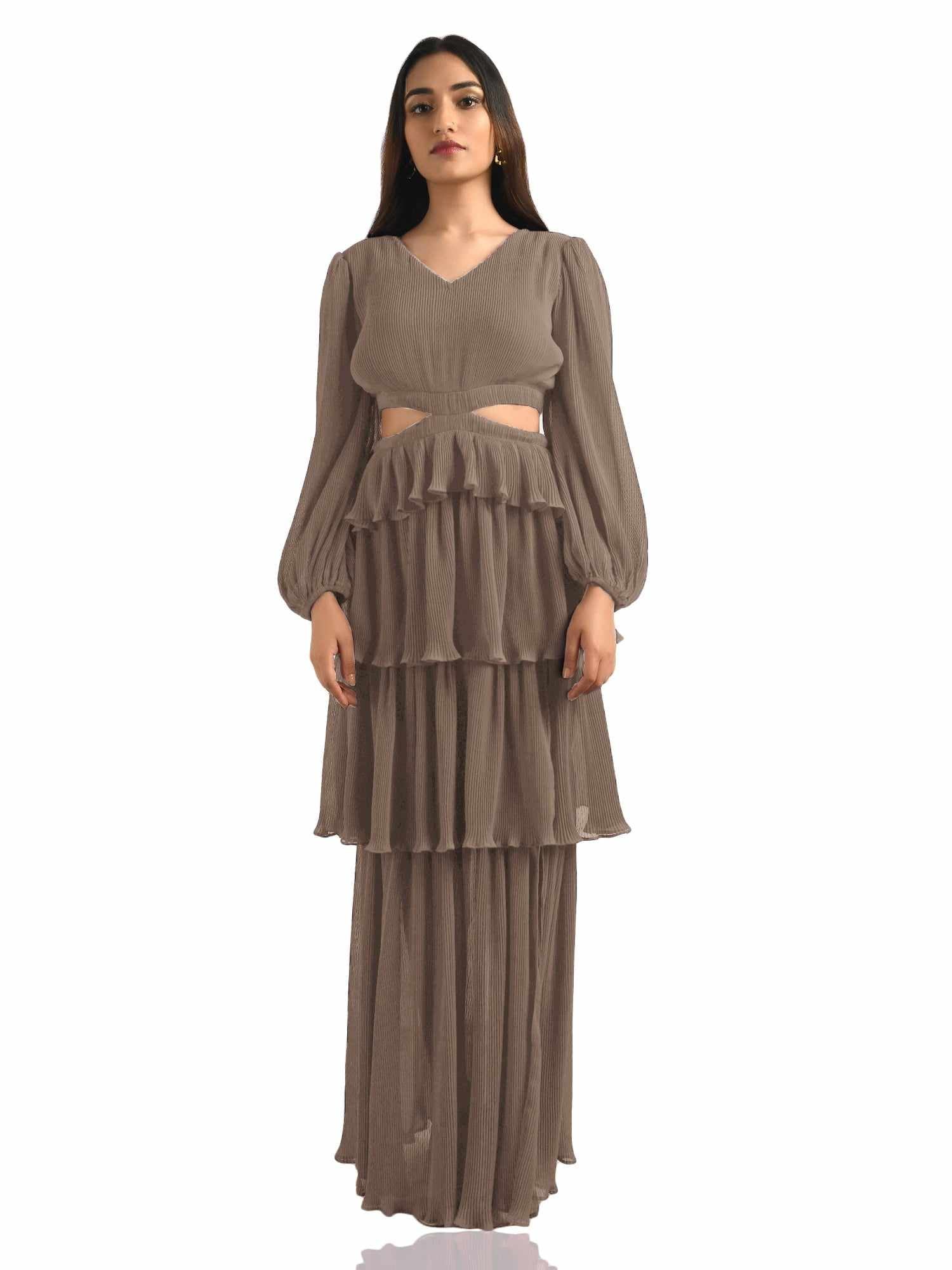 brown crepe pleated maxi dress