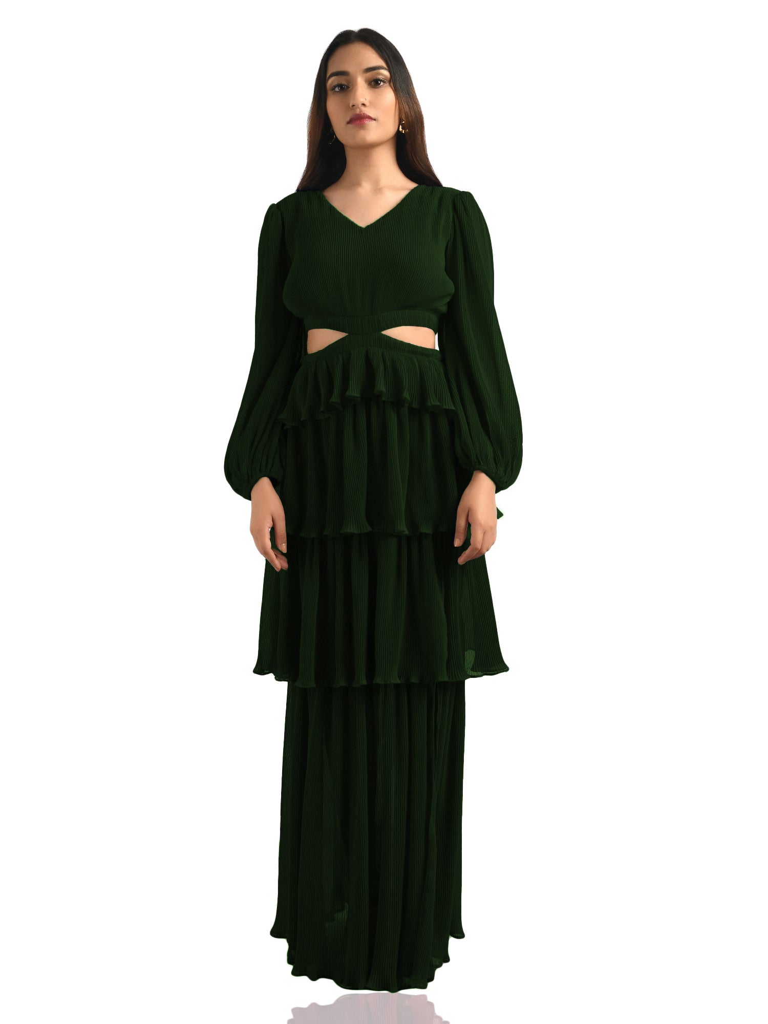 crepe green pleated maxi dress