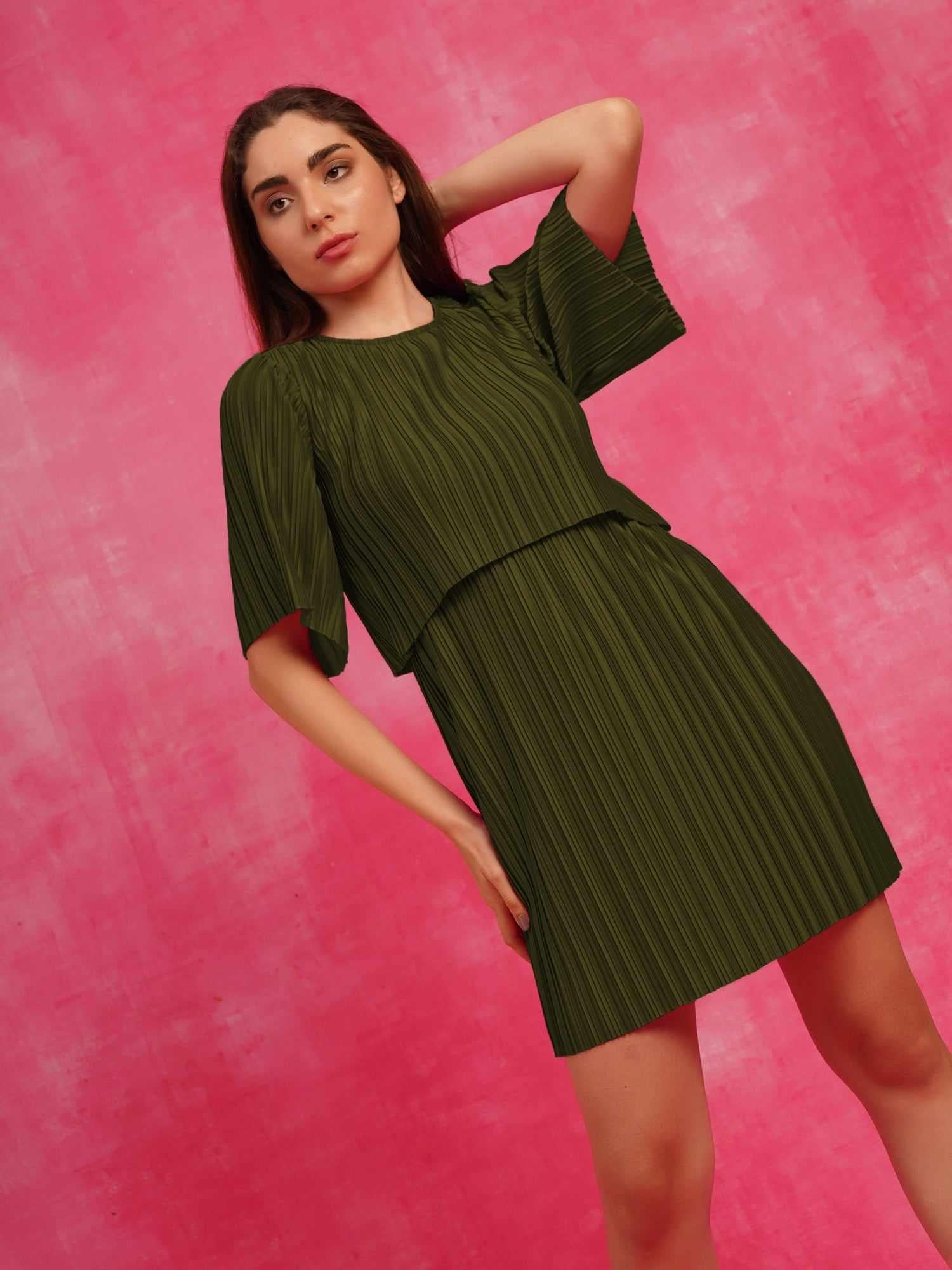 pure elegance pleated green cape dress