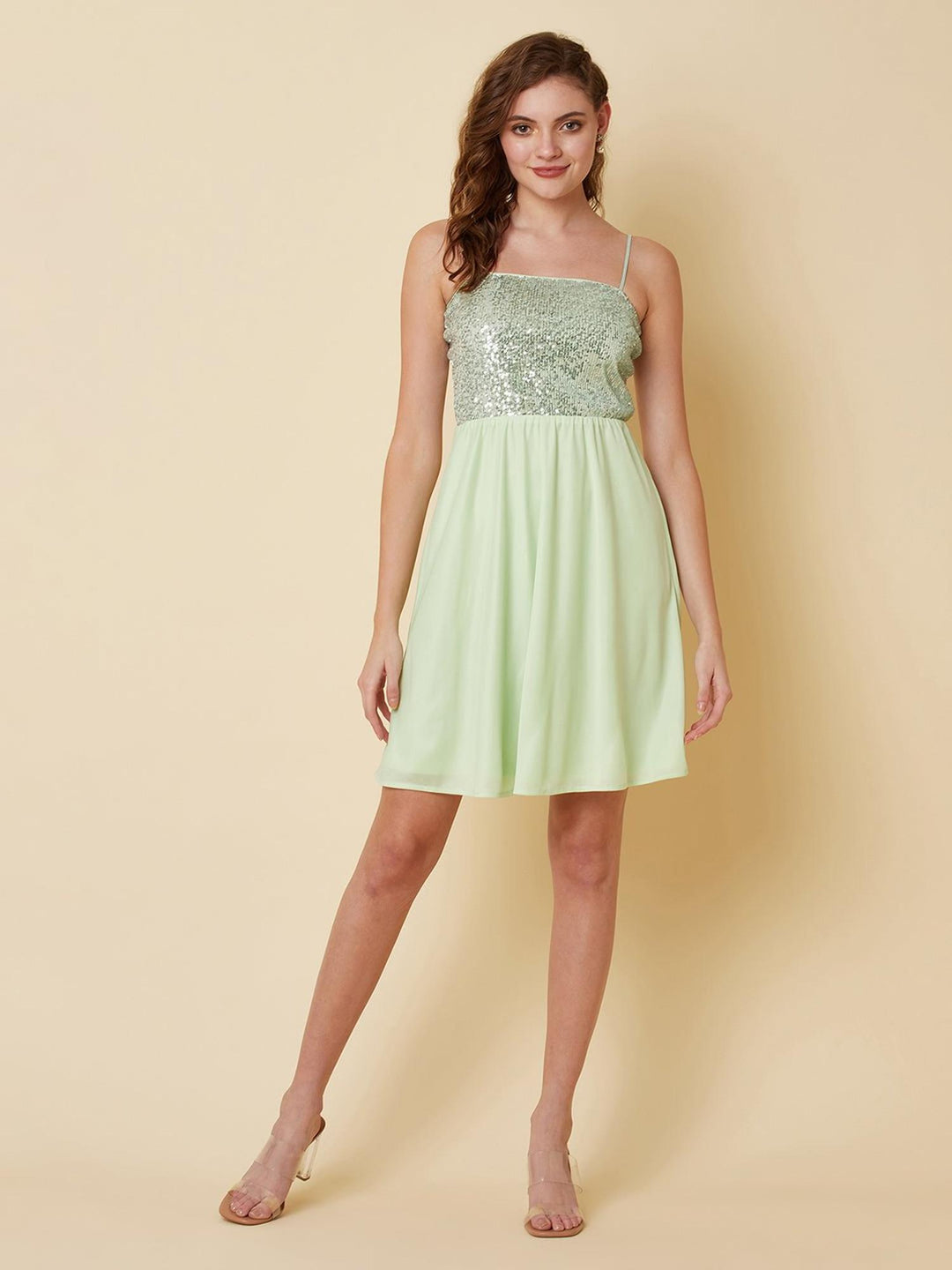 a line light green sequins dress