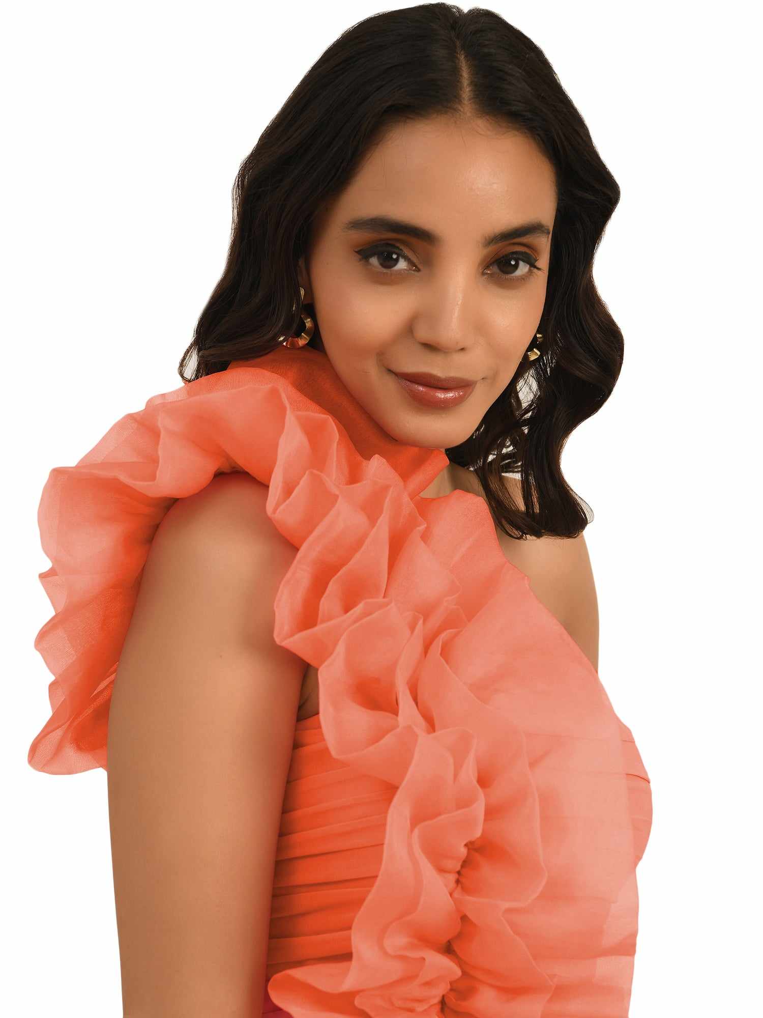 ondine one shoulder ruffled light pink dress