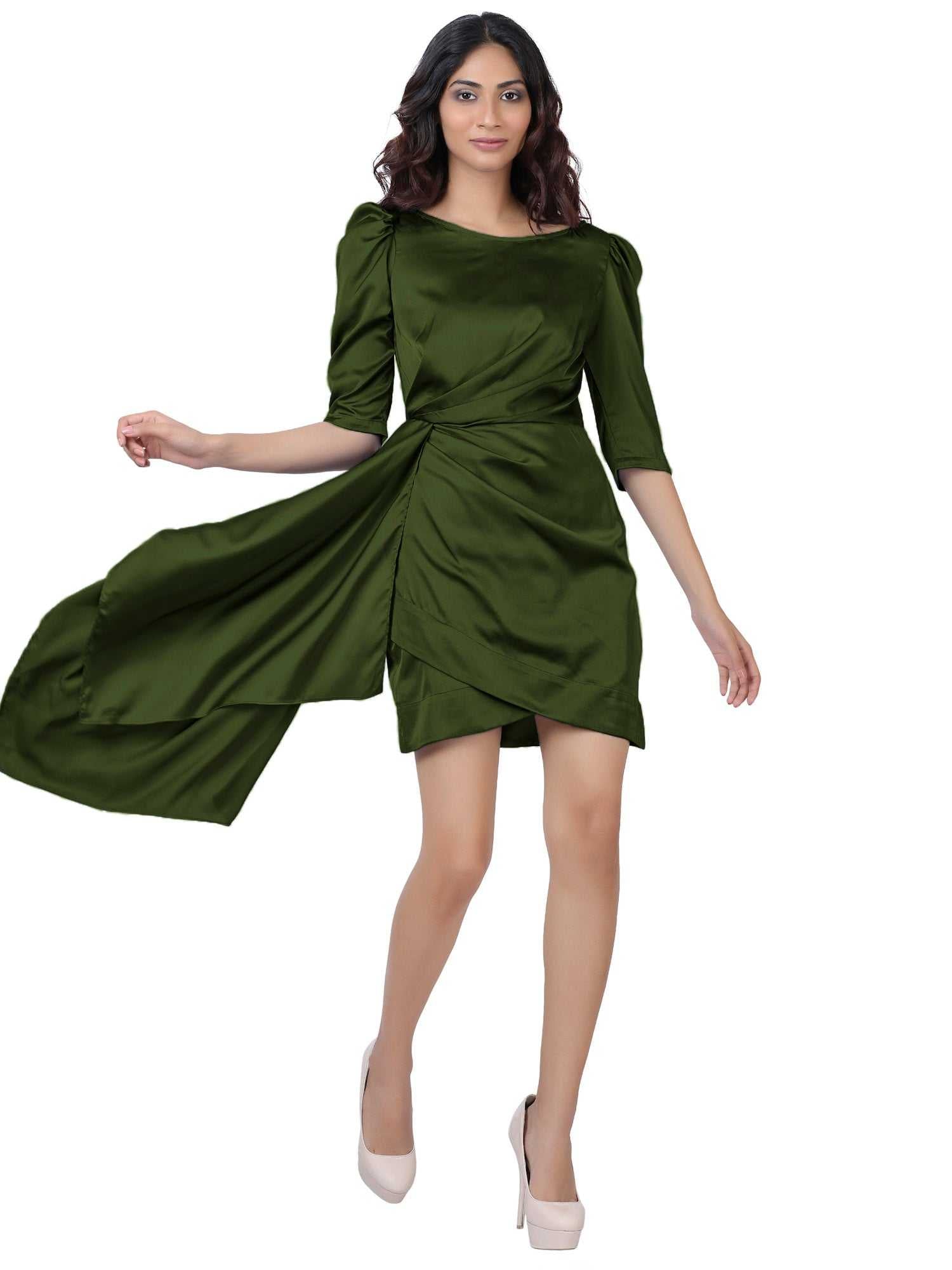 drapped wrap effect olive satin mini dress
