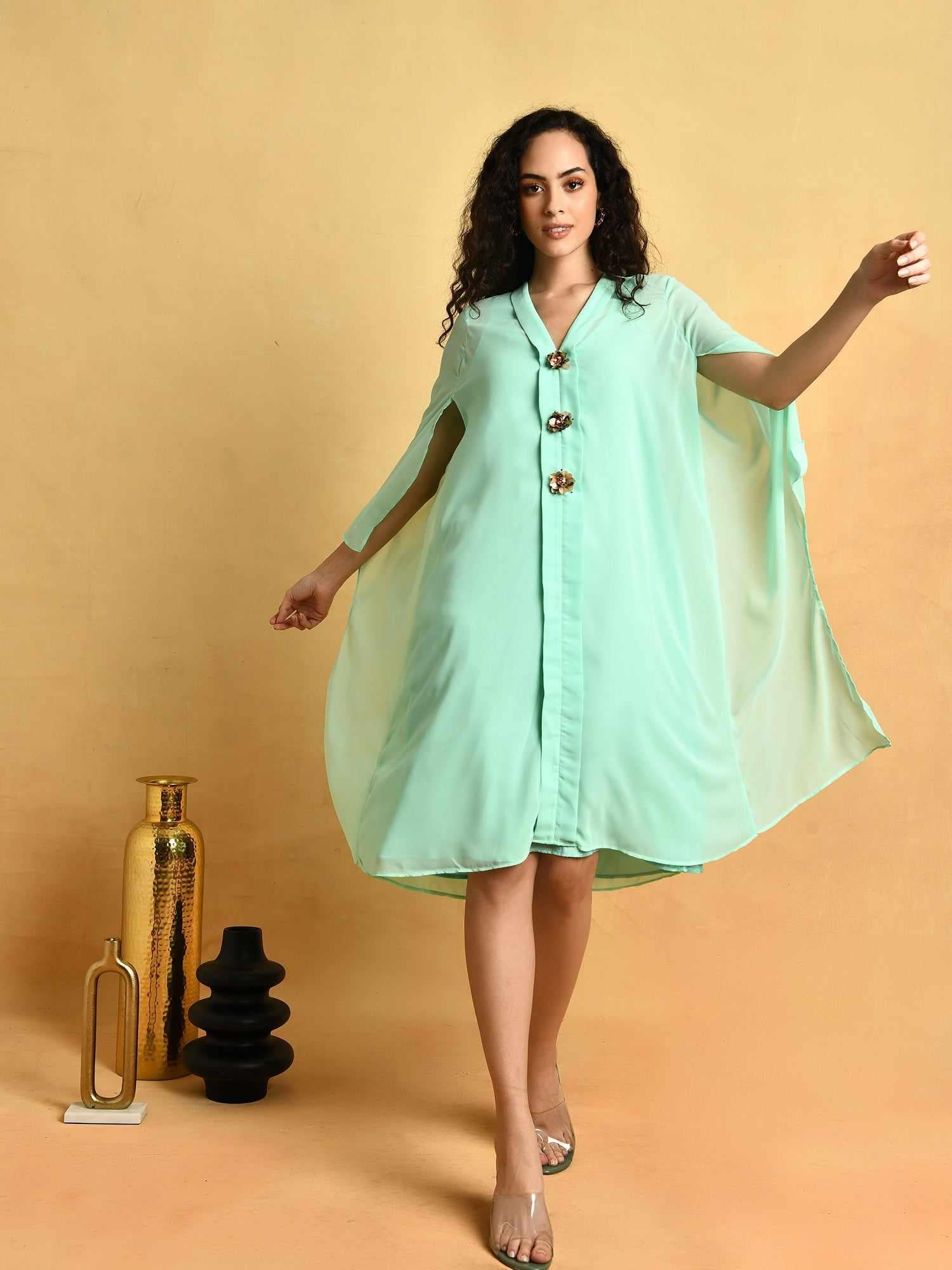 Pastel Green Dress With Placket Embellishment