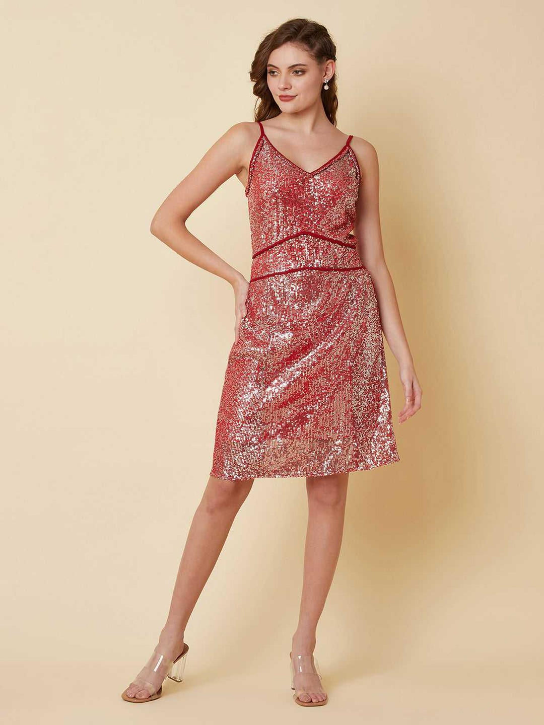 red on silver sequins midi dress