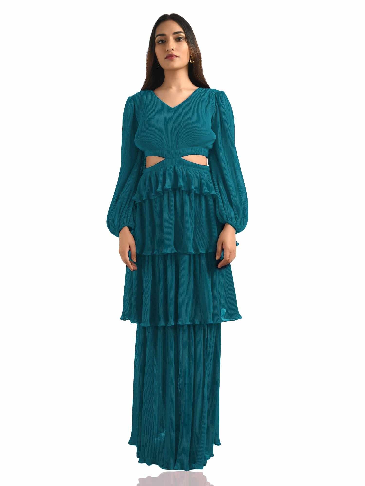 teal crepe pleated maxi dress