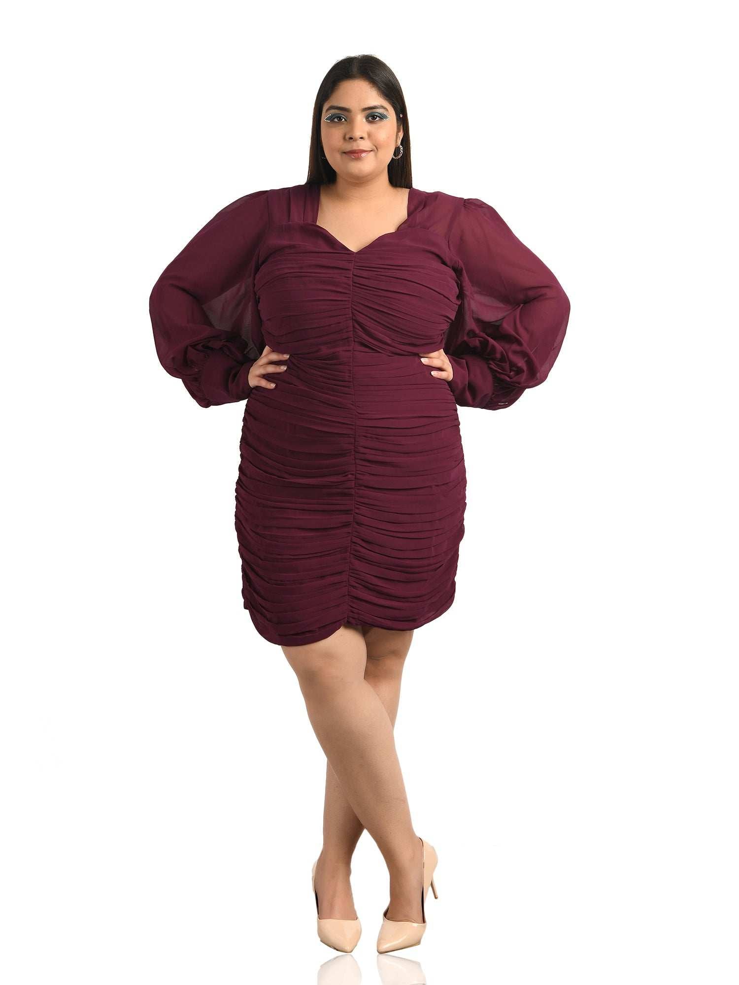 wine ruched mini dress