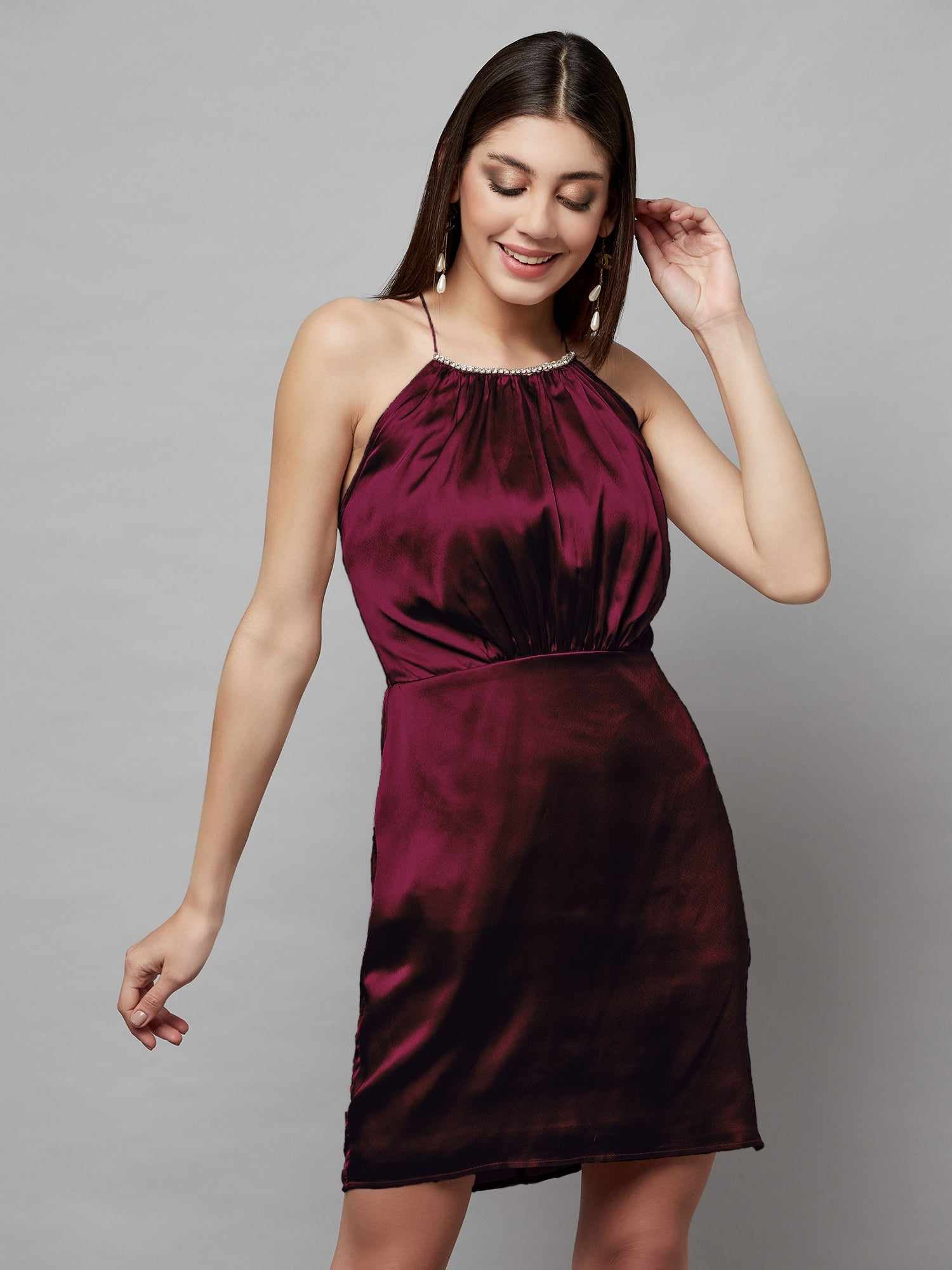 halter neck wine dress