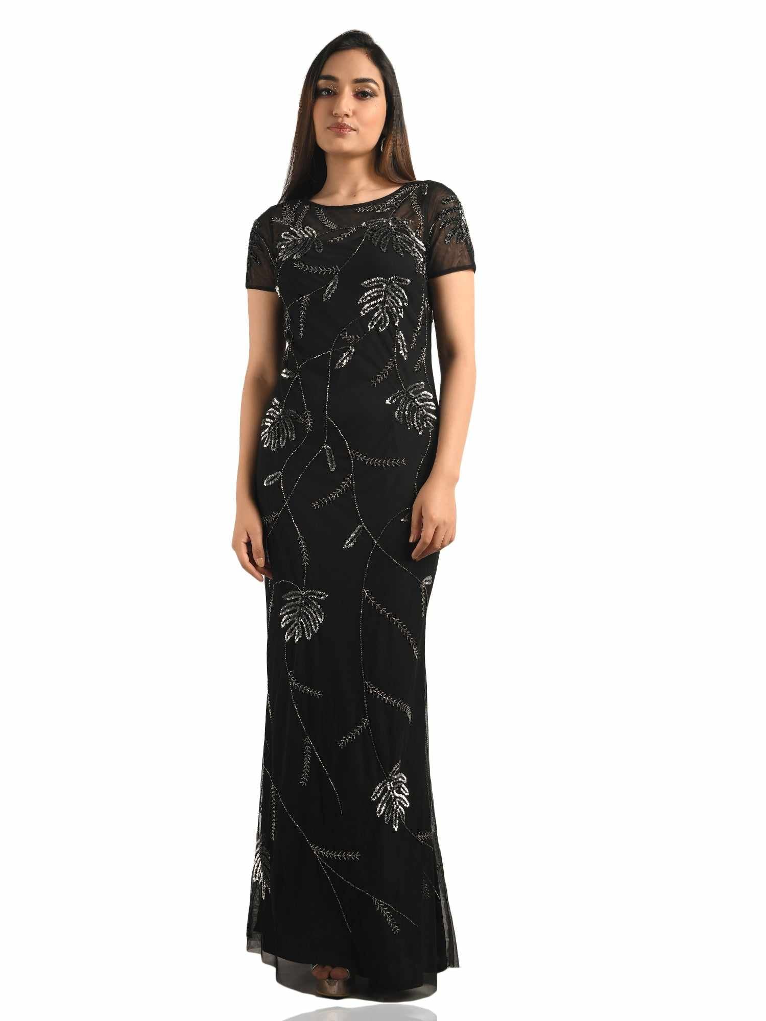 all over leaf black gown