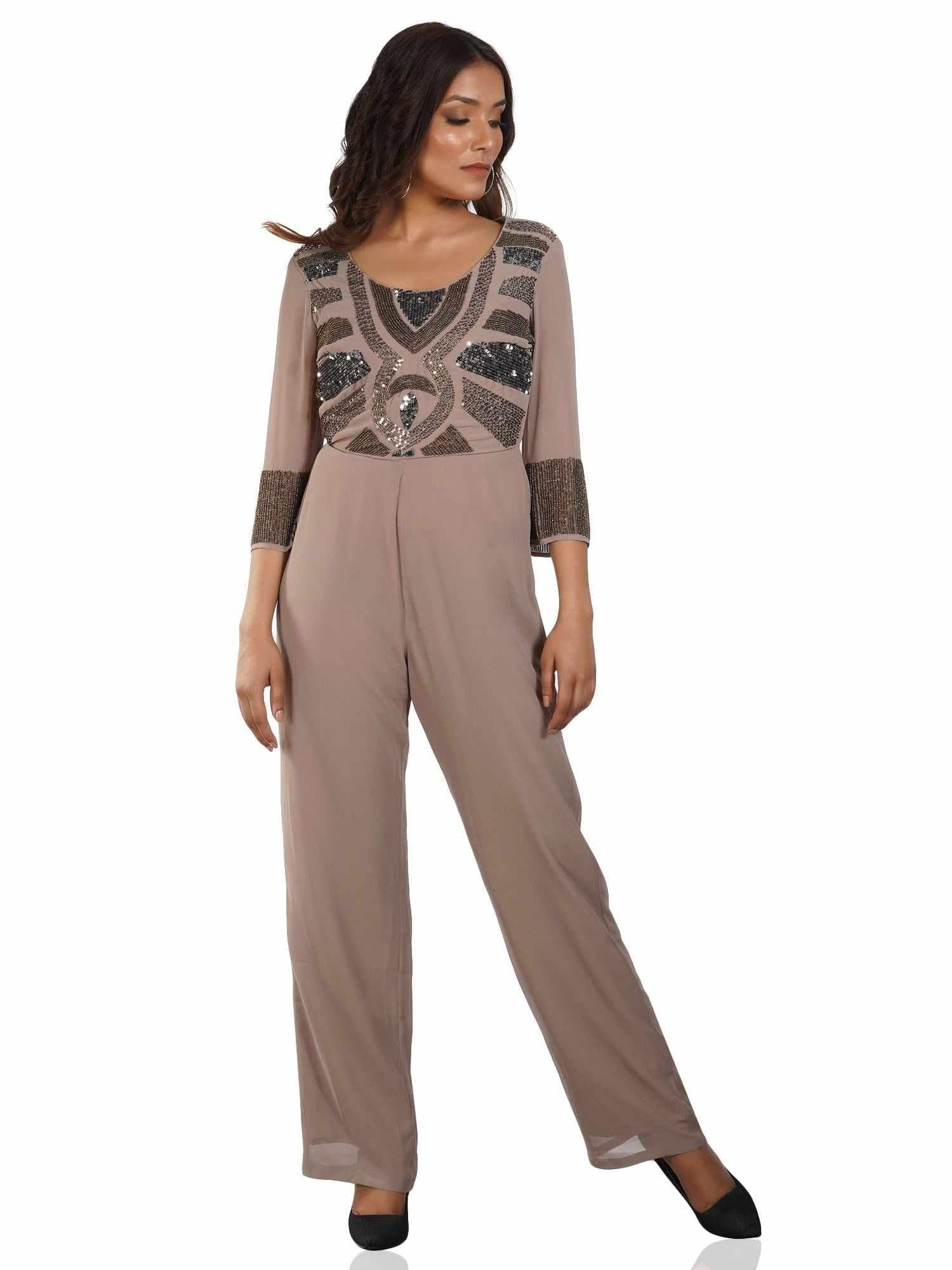 limelight stealing beige georgette embroidered jumpsuit