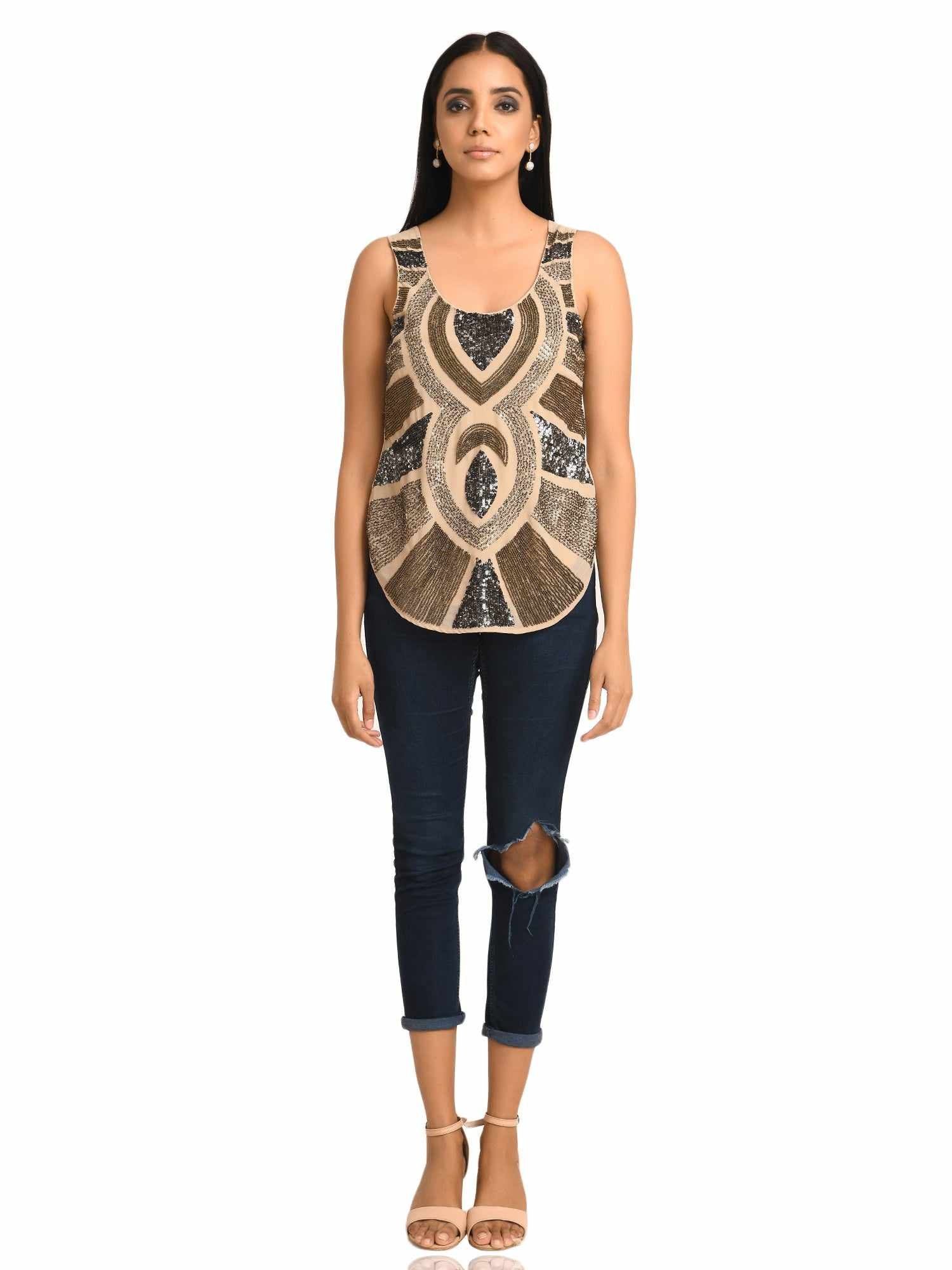 nude sleeveless abstract embroidery top