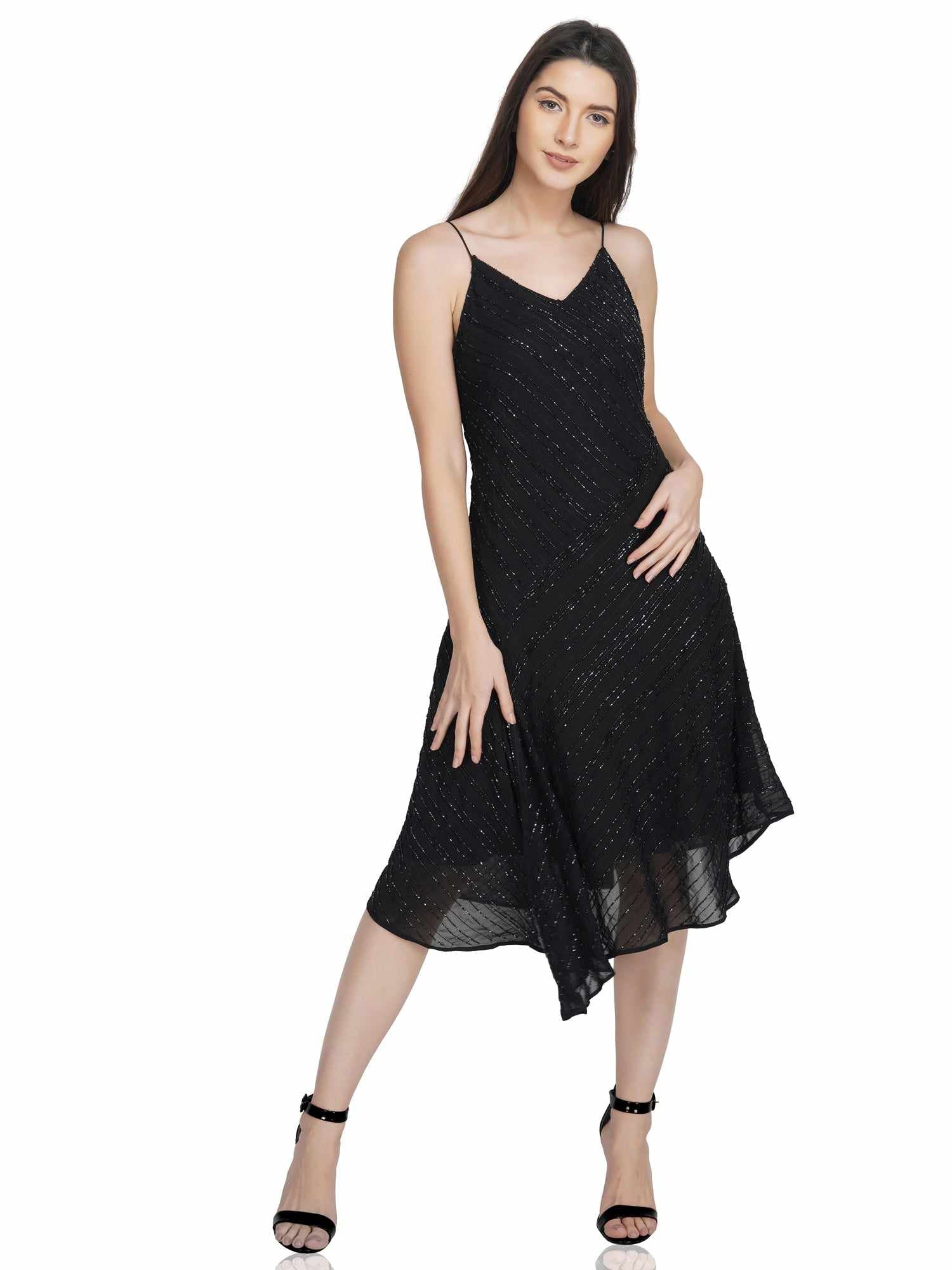 black embellished bias cut dress