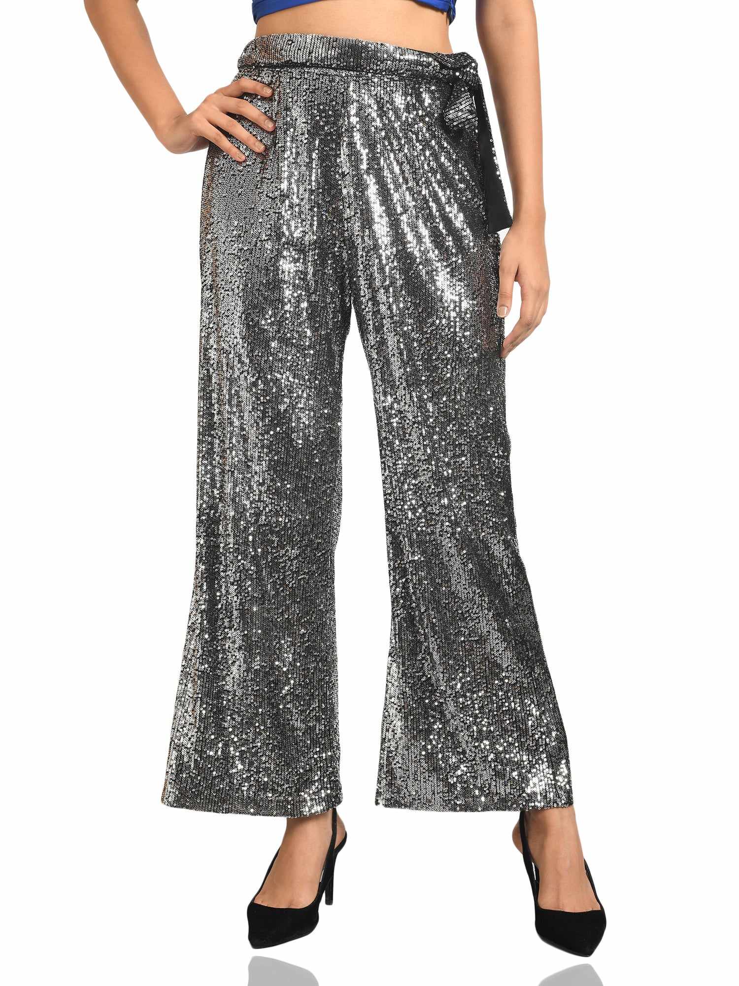 black sequined tulle high rise pants