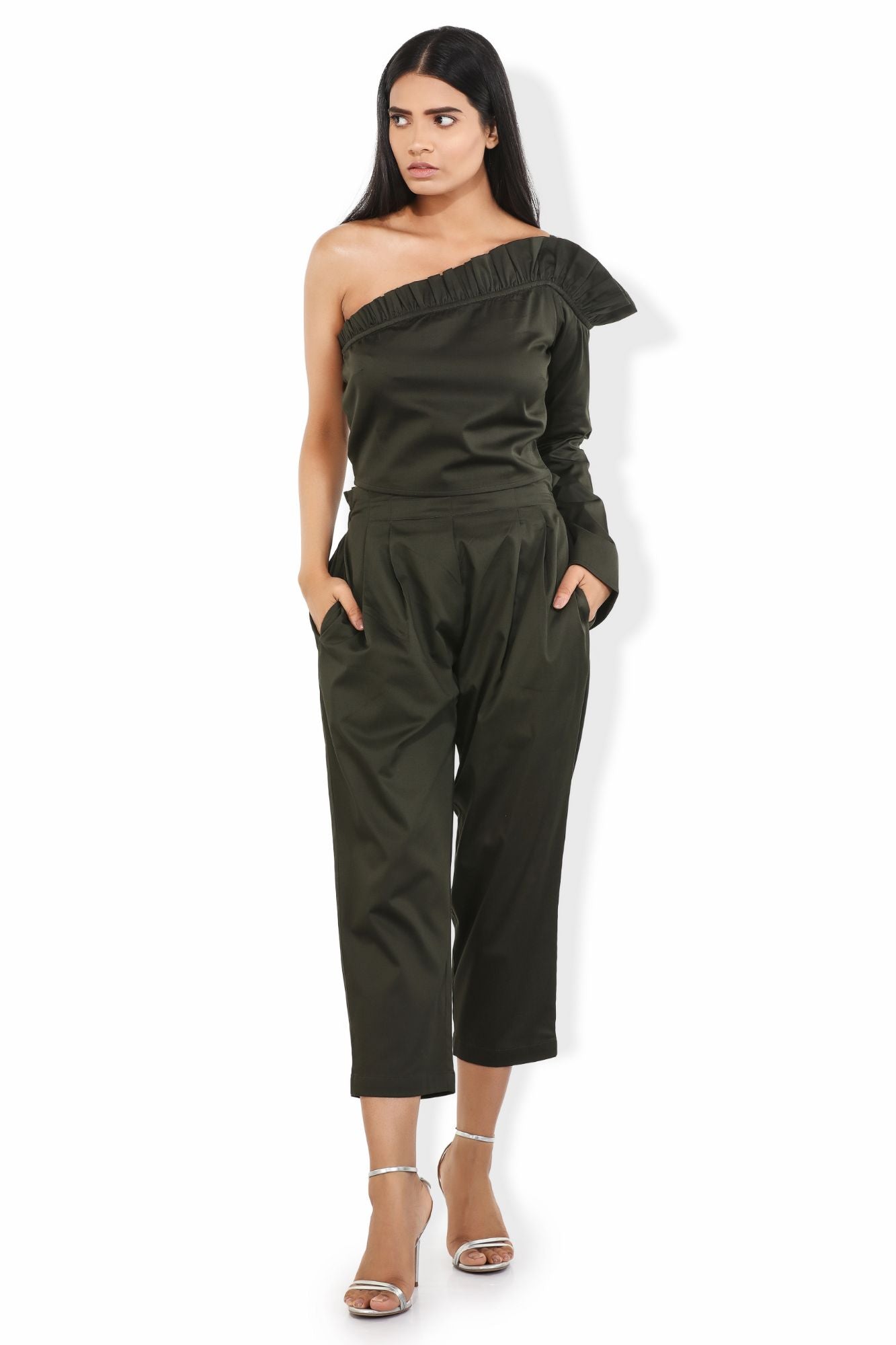 fern green pleated waistline cotton satin blend crop pants