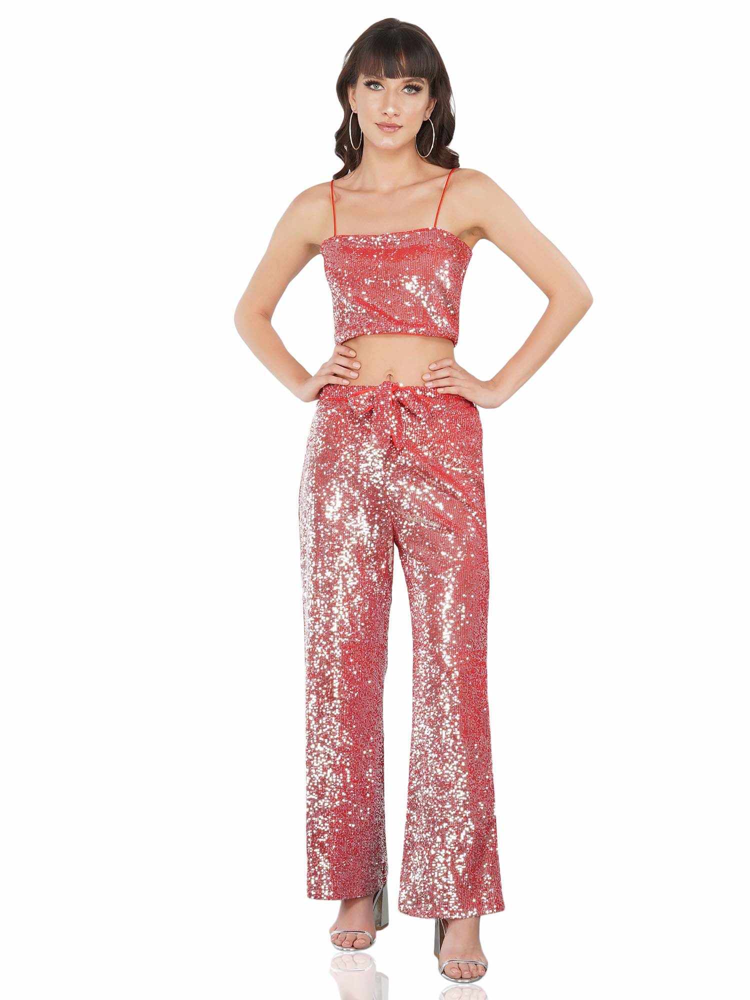red sequined tulle high rise pants