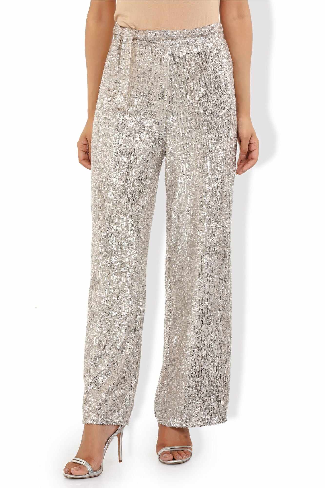 glittering sequined tulle high rise pants  