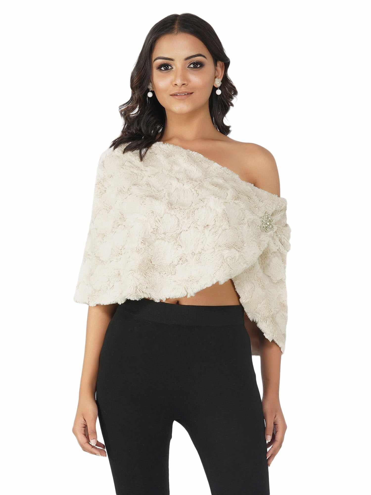 teddy faux fur cape with silver crystals broach