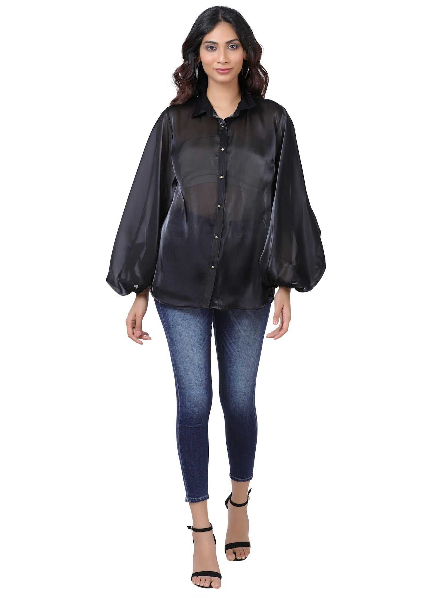 black billowy sleeved glass organza top