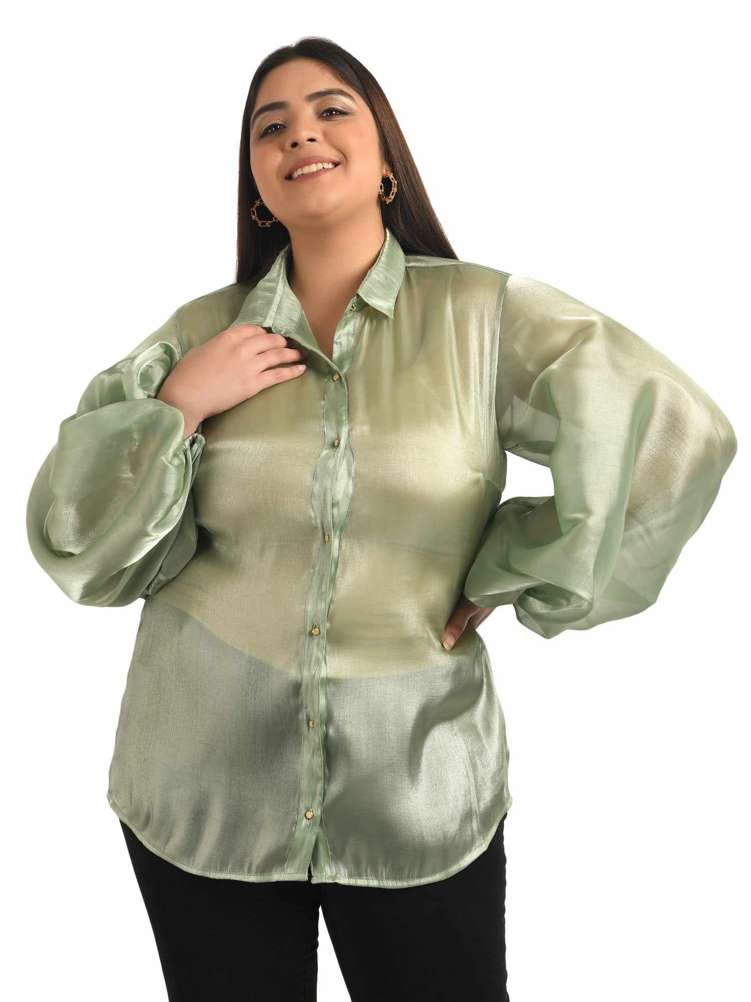 lime green billowy sleeved glass organza shirt