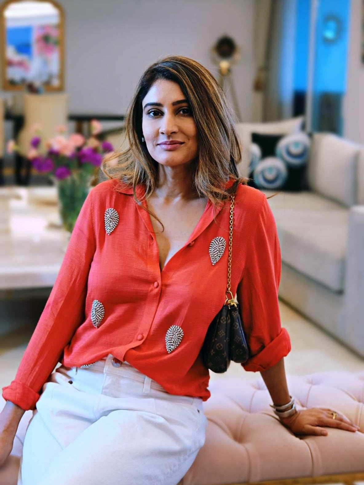 high quality embellished red shirt