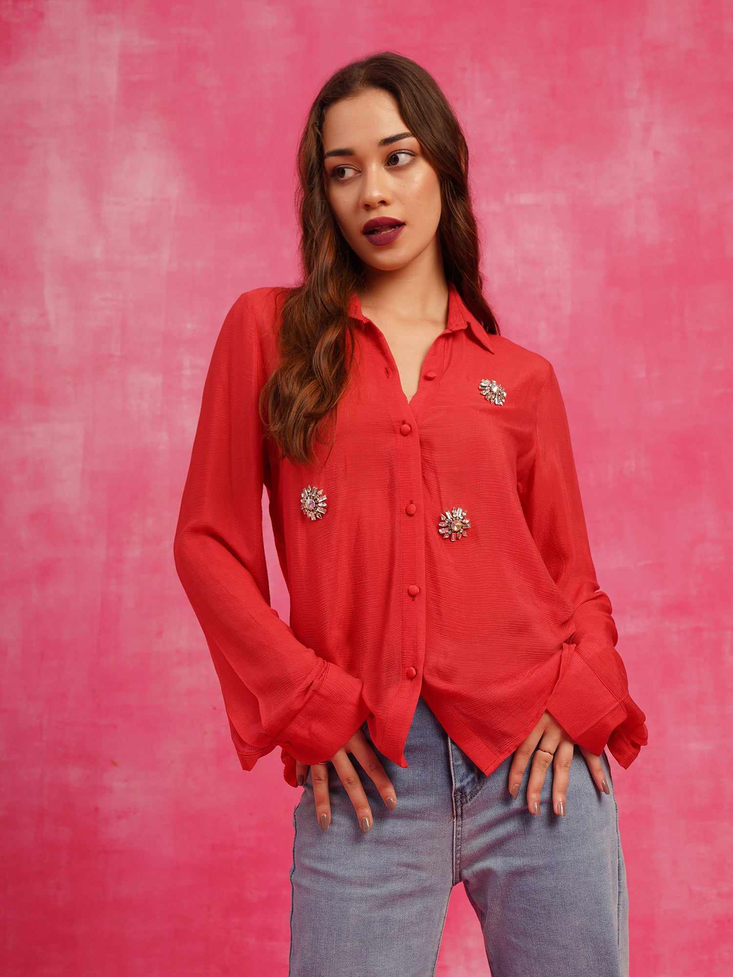 deluxe red embellished shirt  